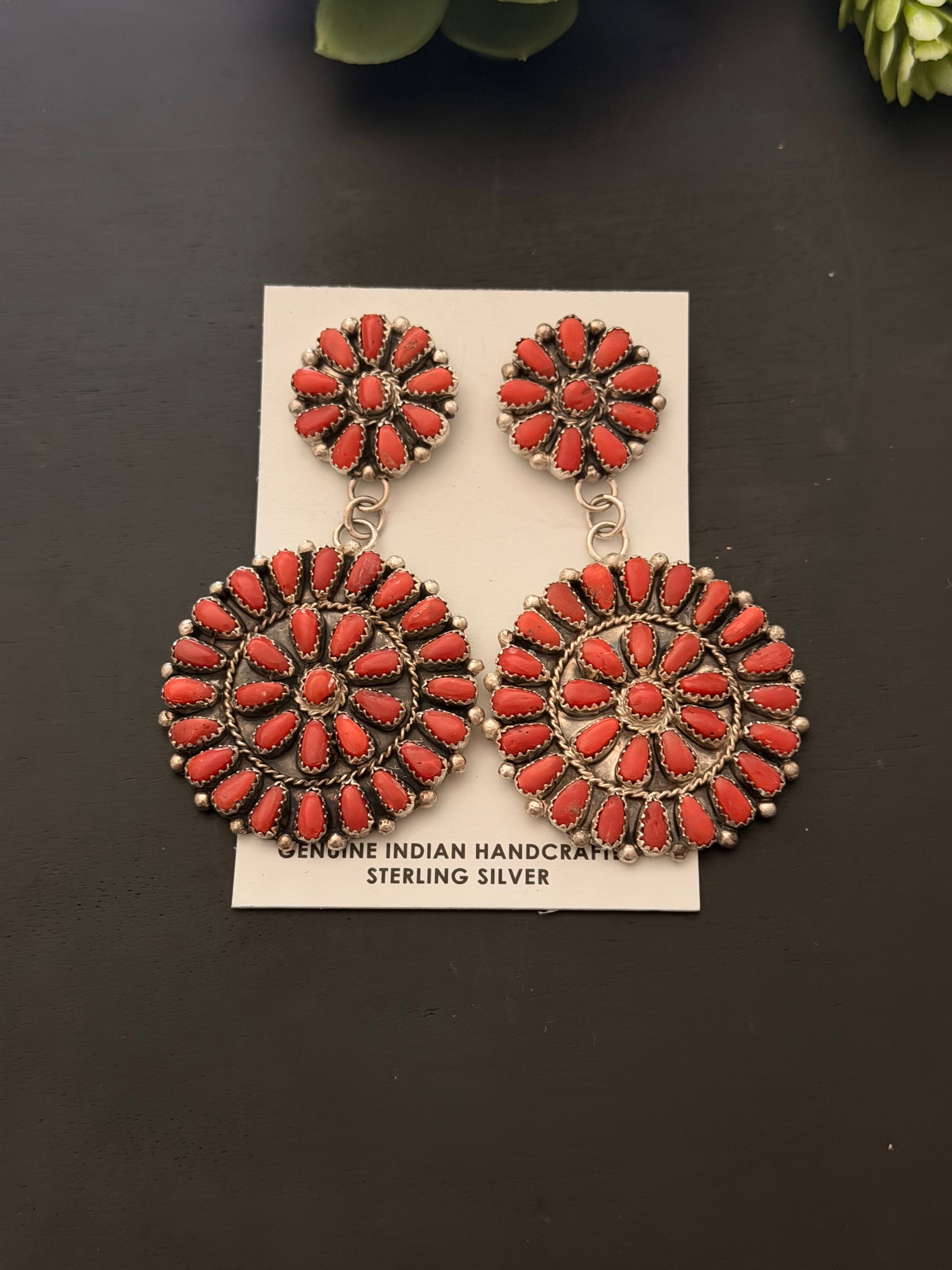 Navajo Made Natural Coral & Sterling Silver Post Dangle Cluster Earrings