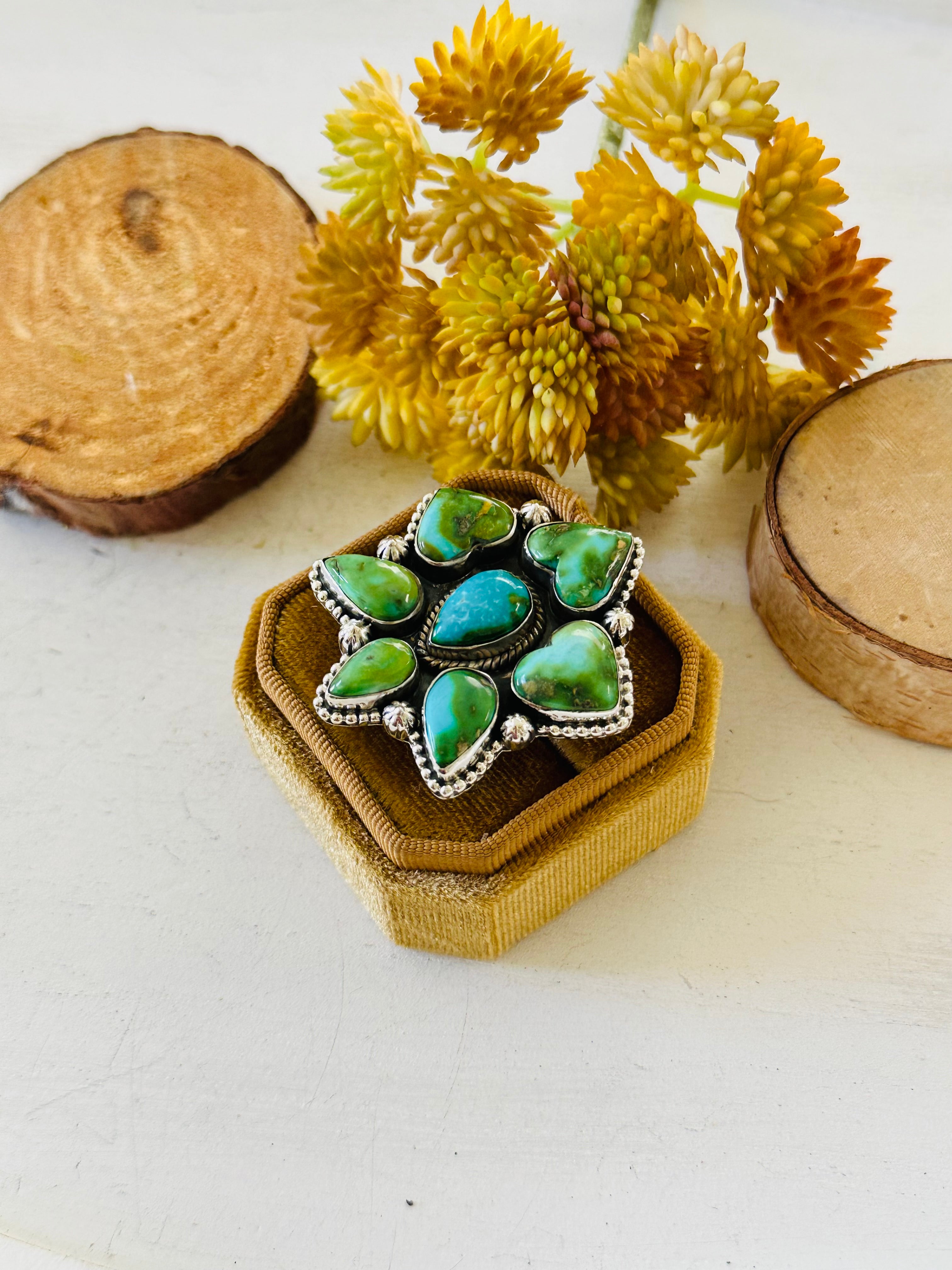 Southwest Handmade Sonoran Mountain Turquoise & Sterling Silver Adjustable Cluster Ring