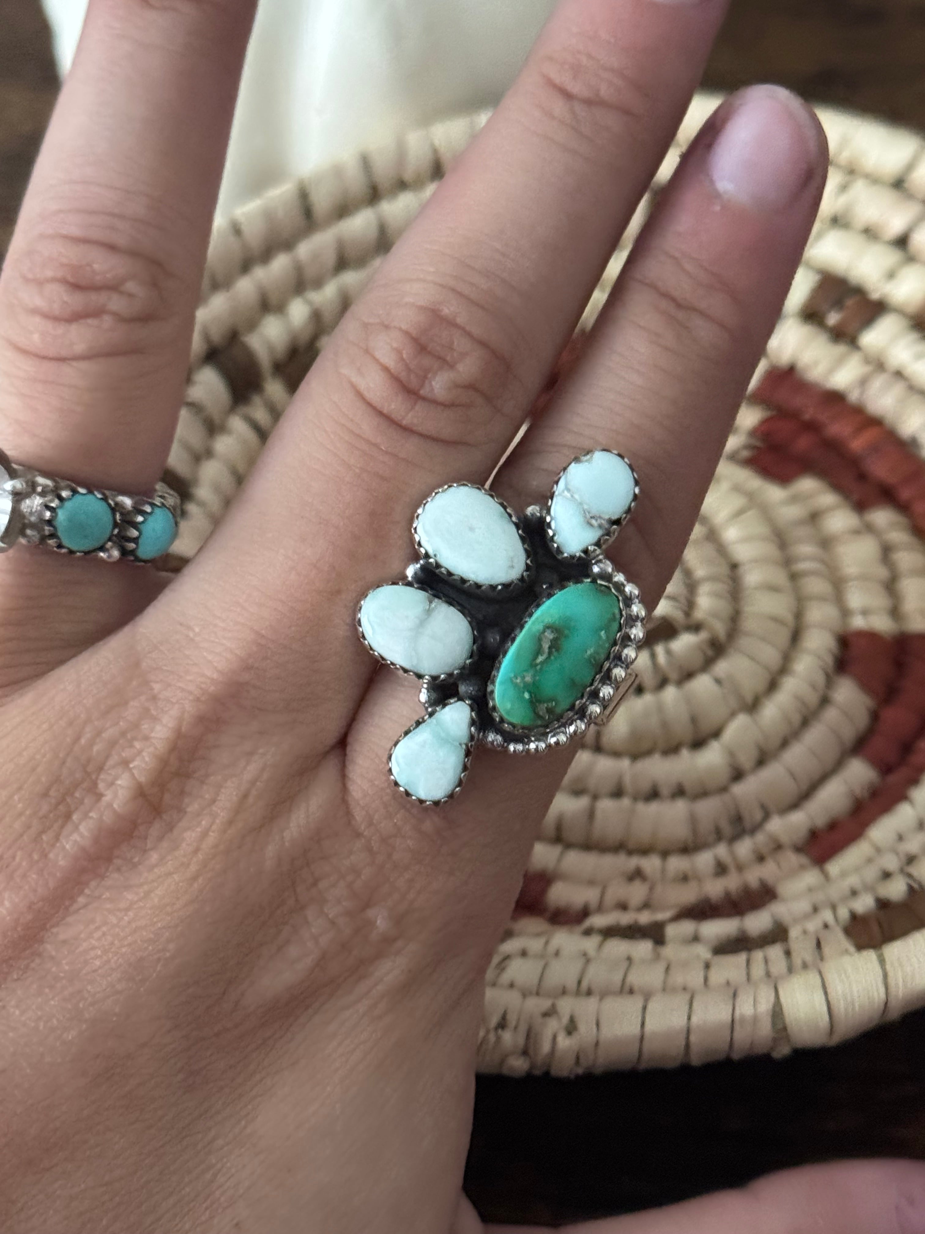 Southwest Handmade Multi Stone & Sterling Silver Adjustable Cluster Ring