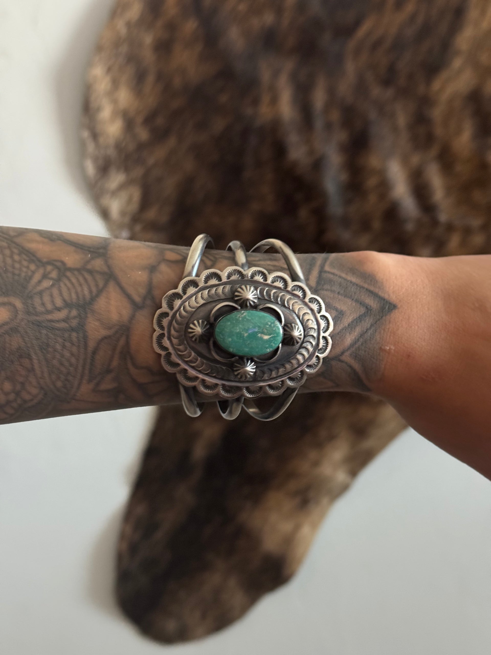 Chimney Butte White Water Turquoise & Sterling Silver Concho Cuff Bracelet