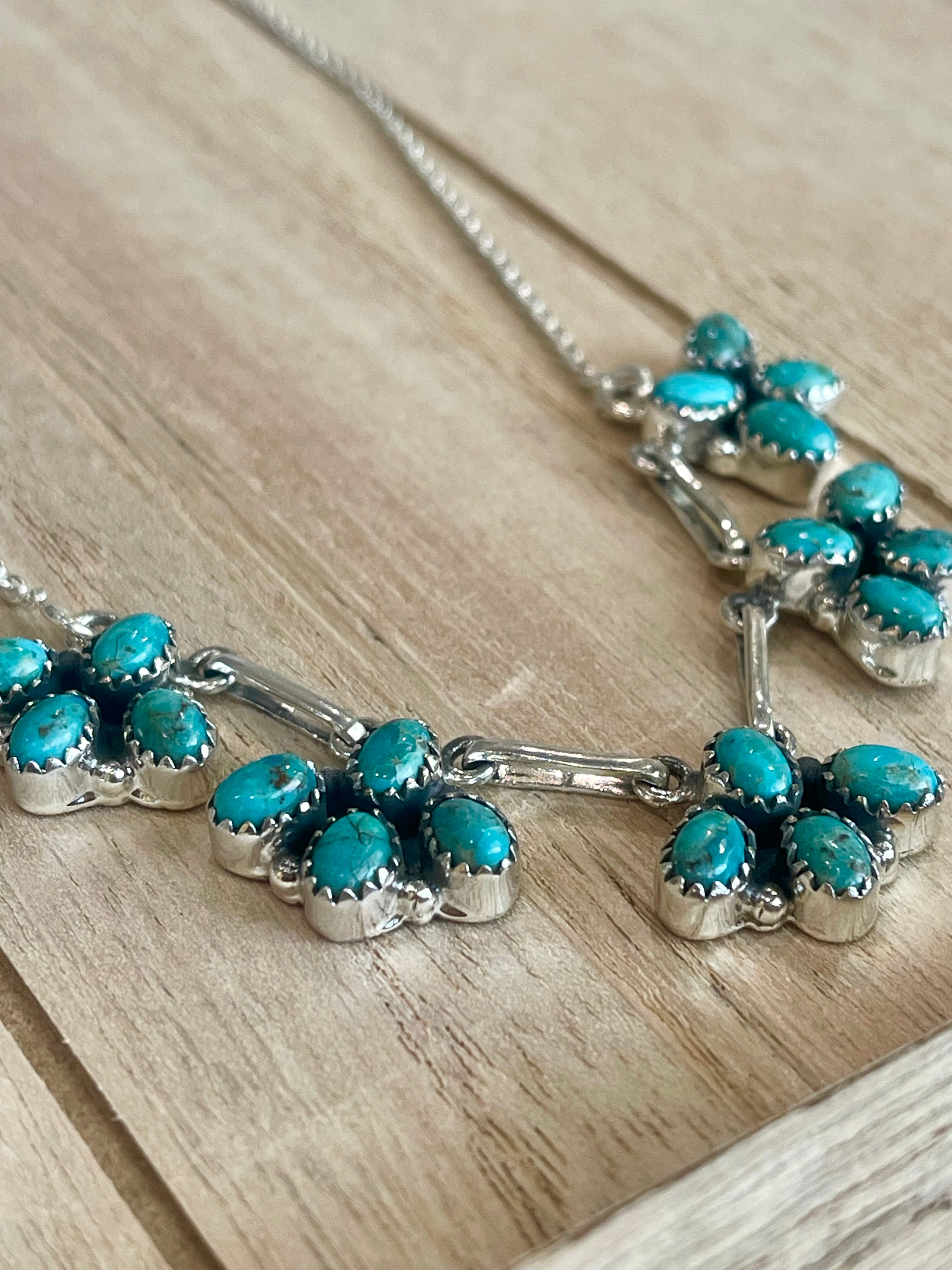 Southwest Handmade Kingman Turquoise & Sterling Silver Cluster  Necklace