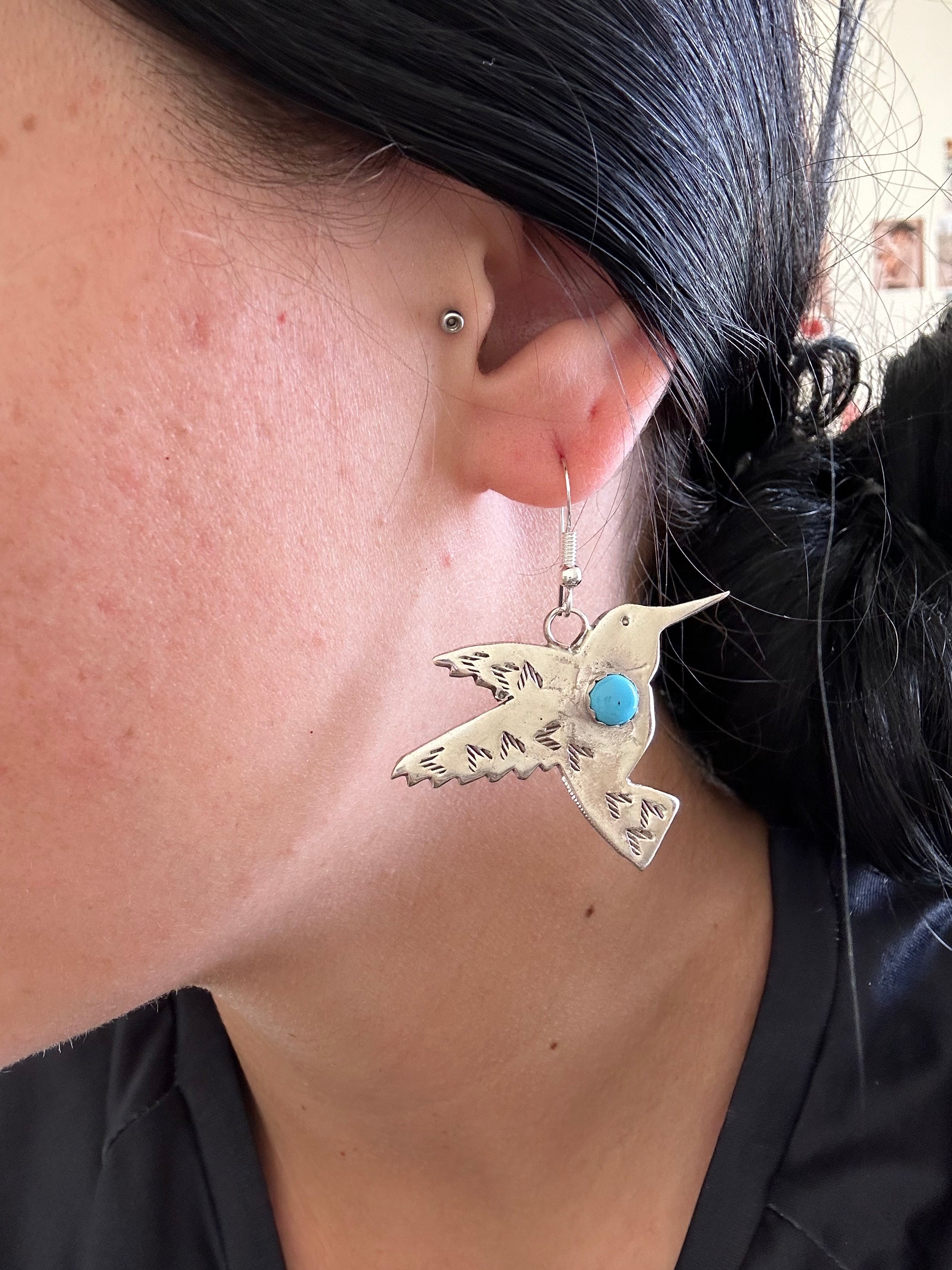 Tonya Yazzie Kingman Turquoise & Sterling Silver Hummingbird Dangle Earrings