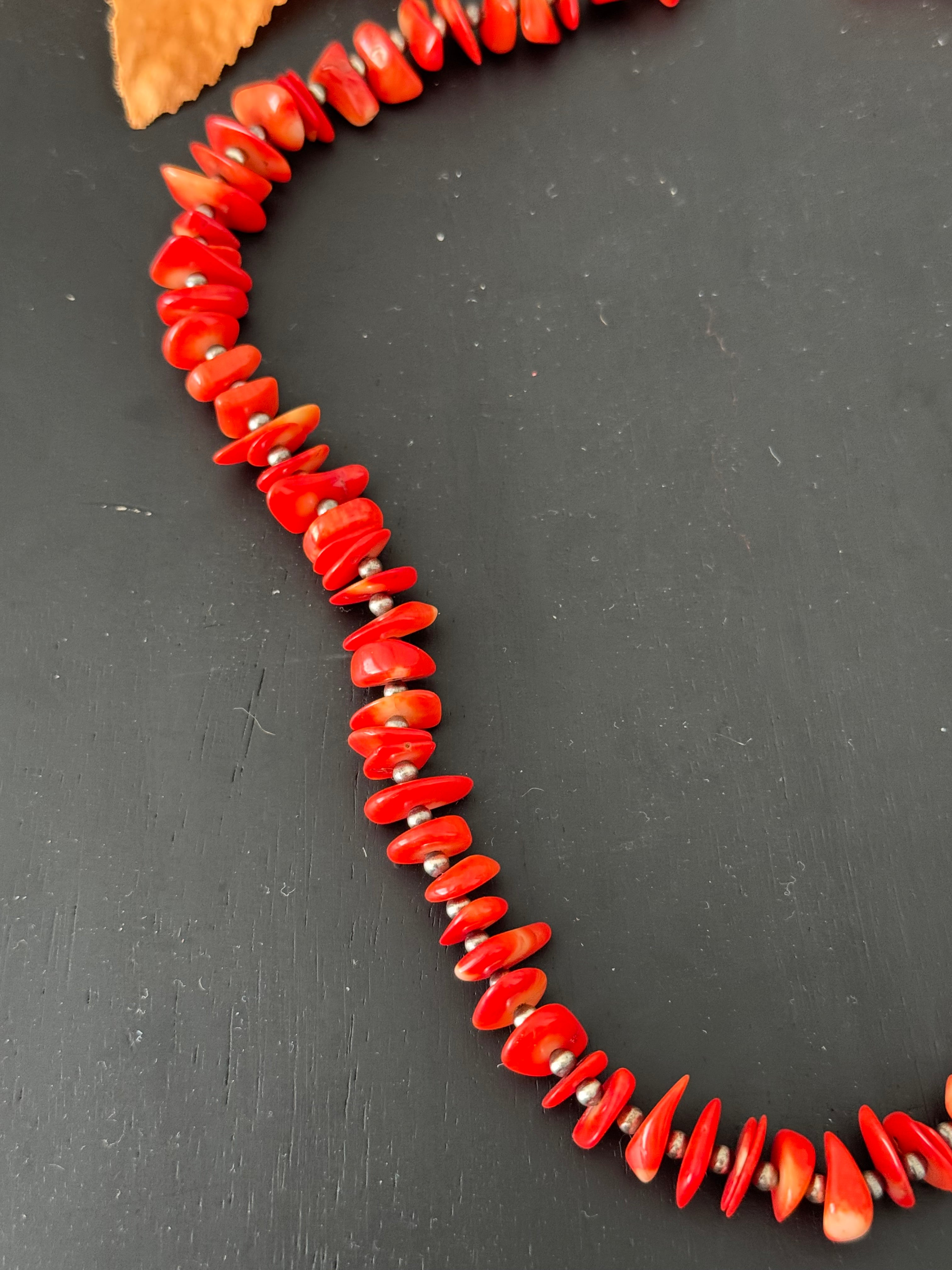 Navajo Strung Bamboo Coral & Sterling Silver Beaded Necklace