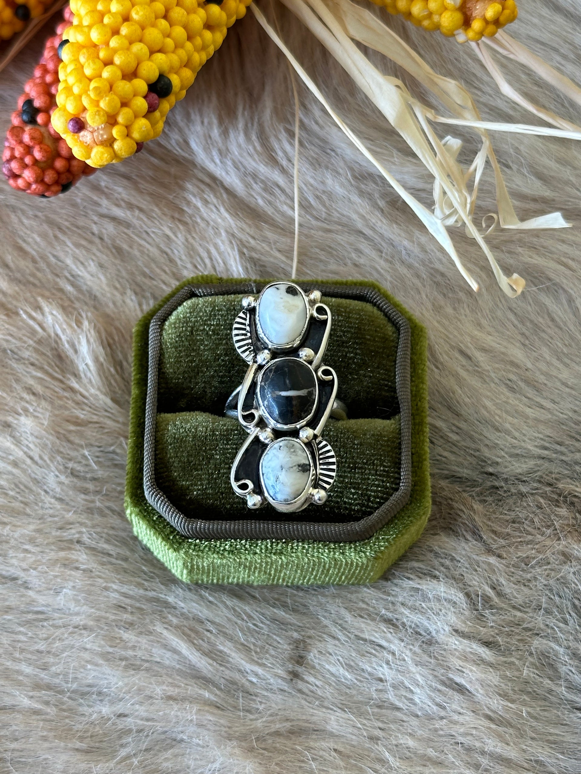 Navajo Made White Buffalo & Sterling Silver Adjustable Ring