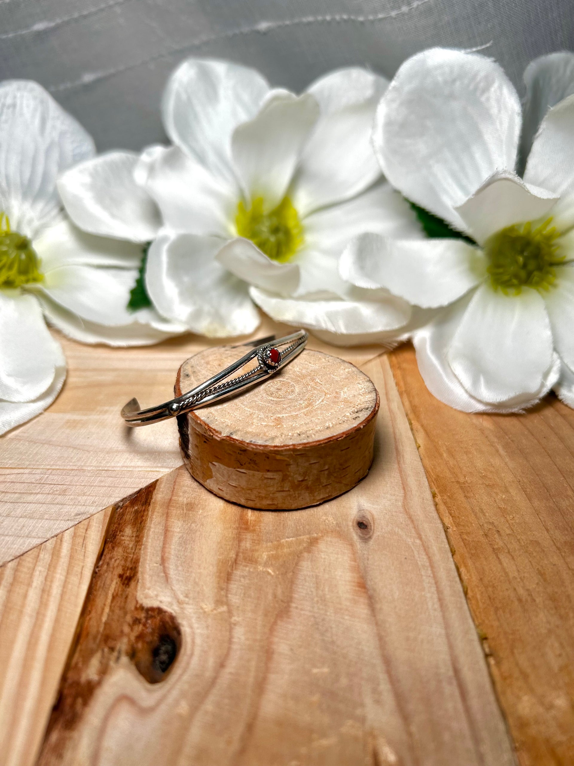 Navajo Made Red Coral & Sterling Silver Cuff Bracelet