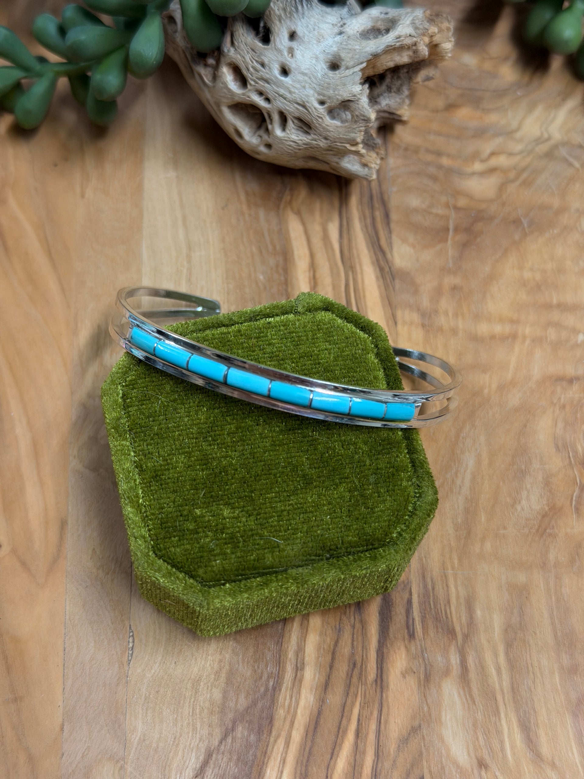 Zuni Made Kingman Turquoise & Sterling Silver Inlay Cuff Bracelet