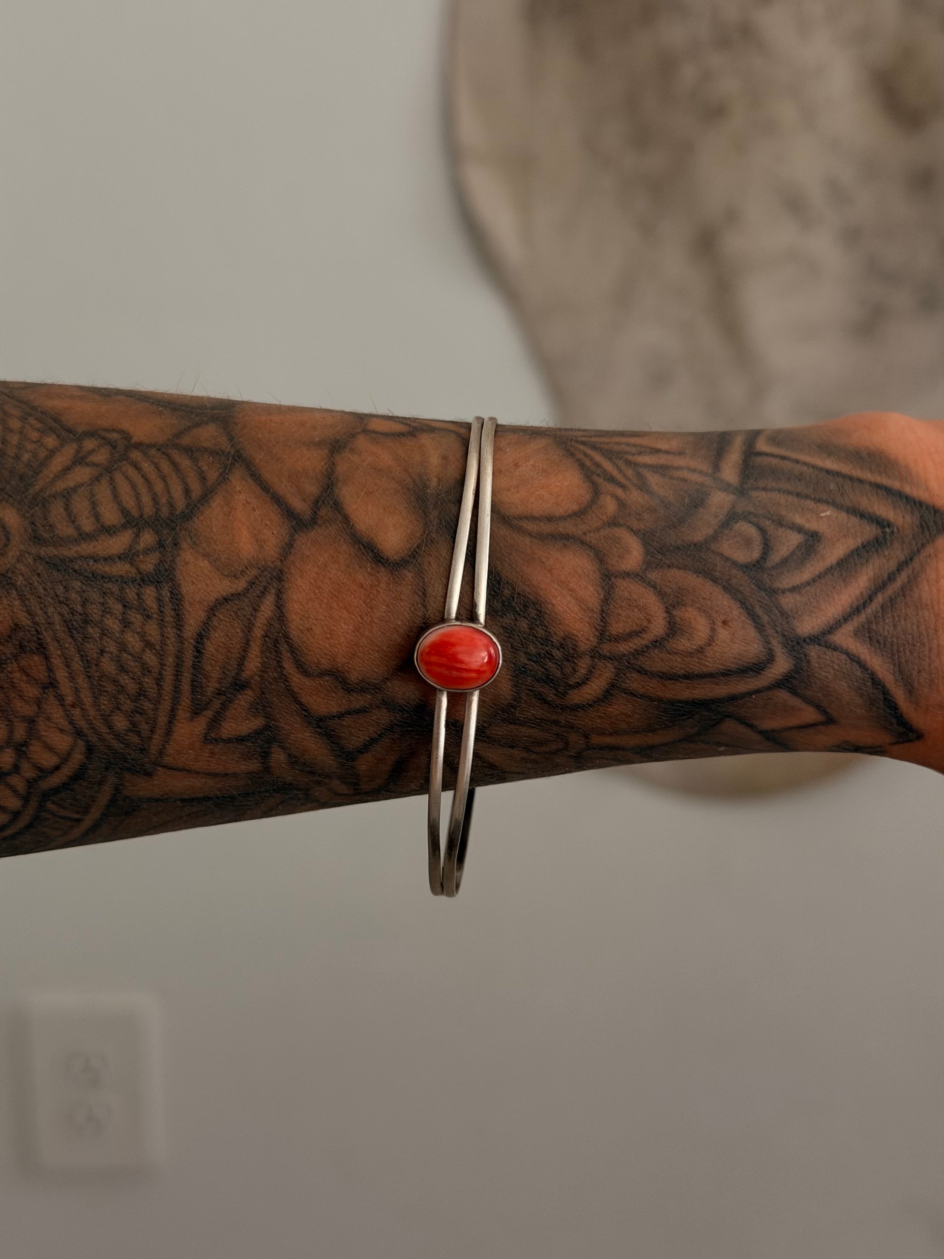 Navajo Made Red Spiny Oyster & Sterling Silver Cuff Bracelet