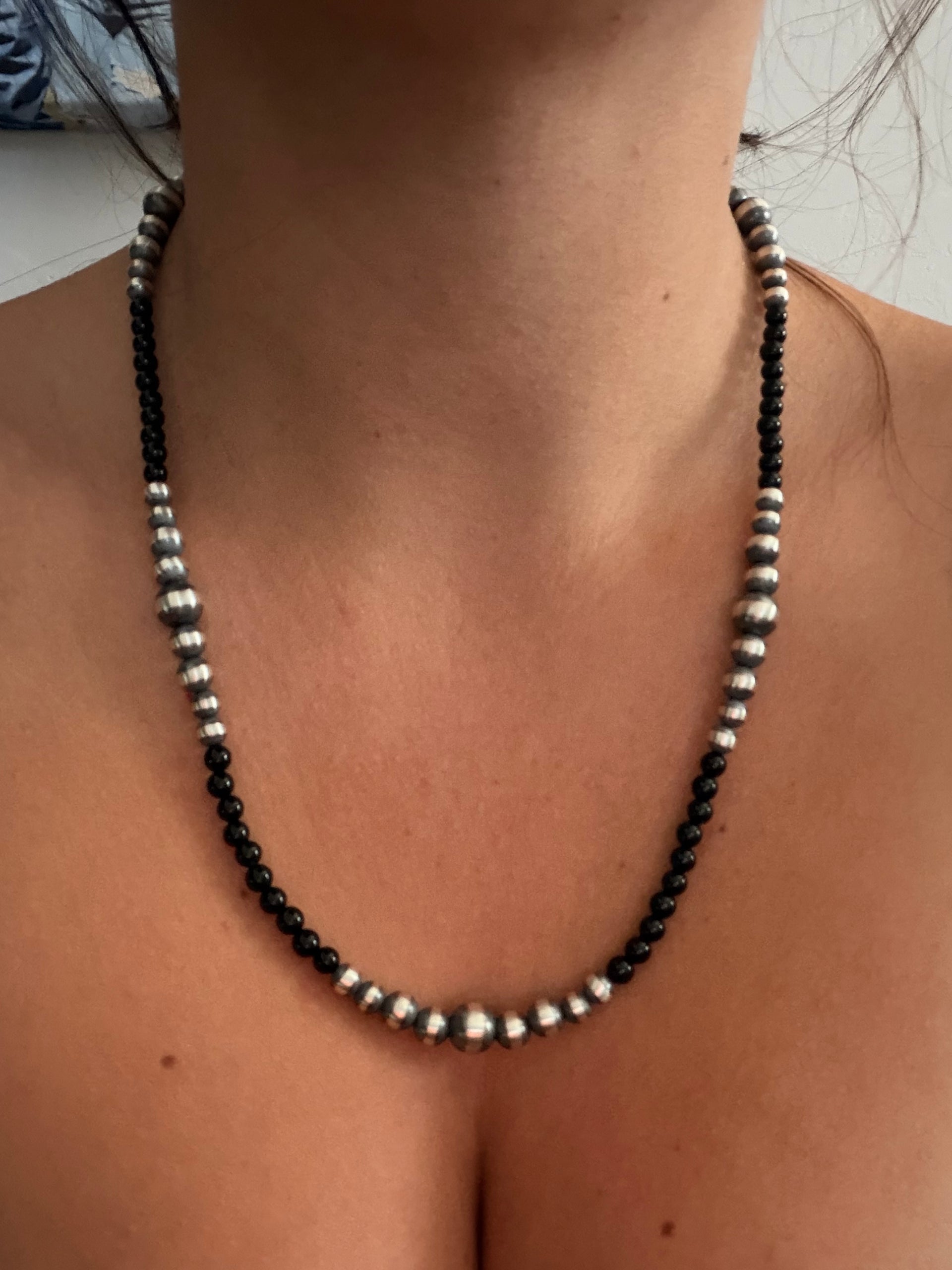 Navajo Strung Onyx & Sterling Silver Machine Made 20” Pearls Beaded Necklace