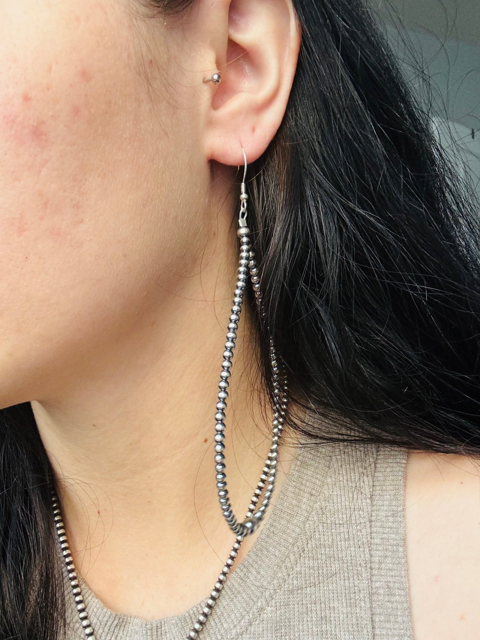 Navajo Strung Sterling Silver Graduated Pearls Dangle Earrings