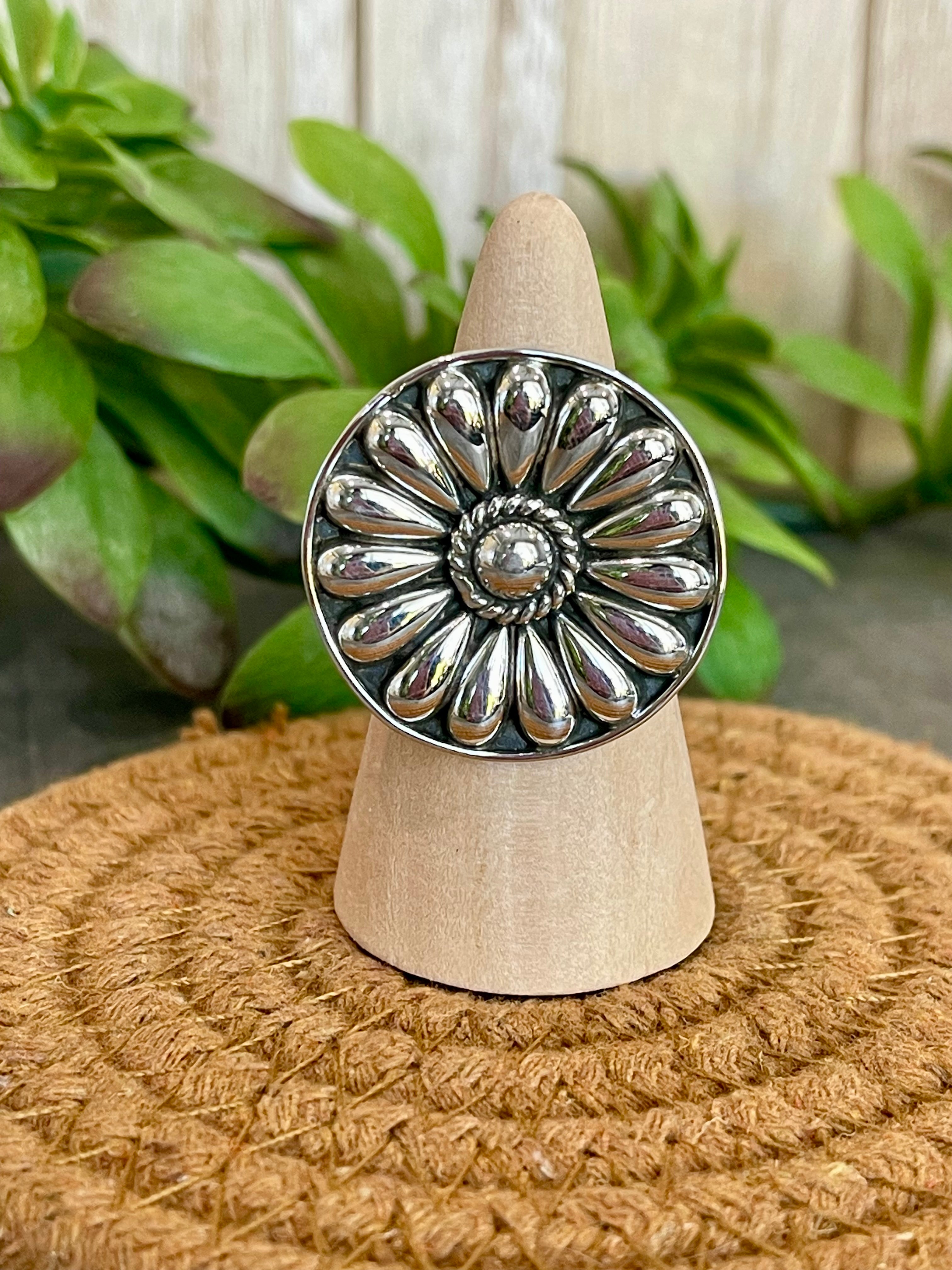 Southwest Handmade Sterling Silver Flower Circle Adjustable Ring