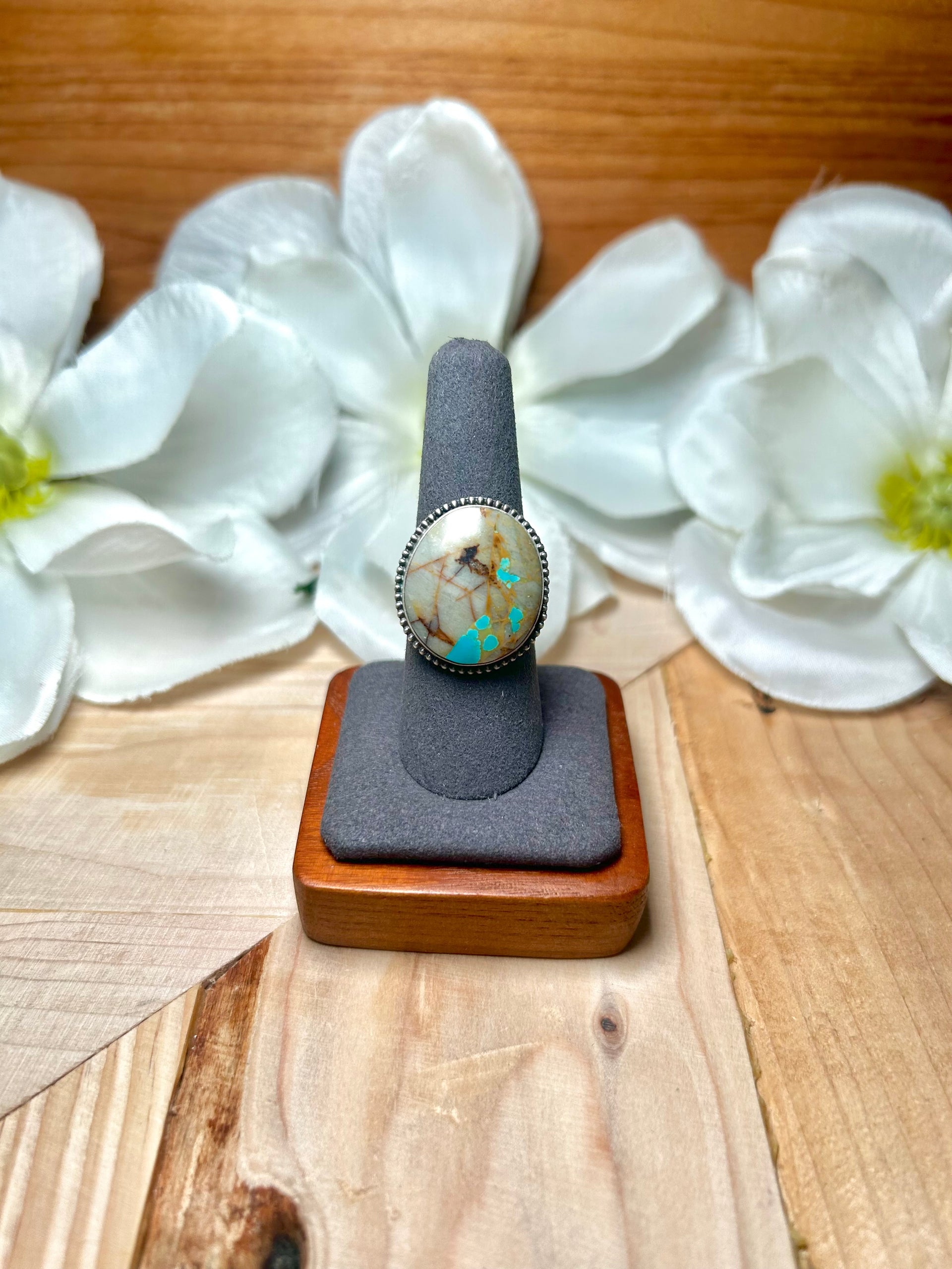 Navajo Made Boulder Turquoise & Sterling Silver Ring Size 8.75