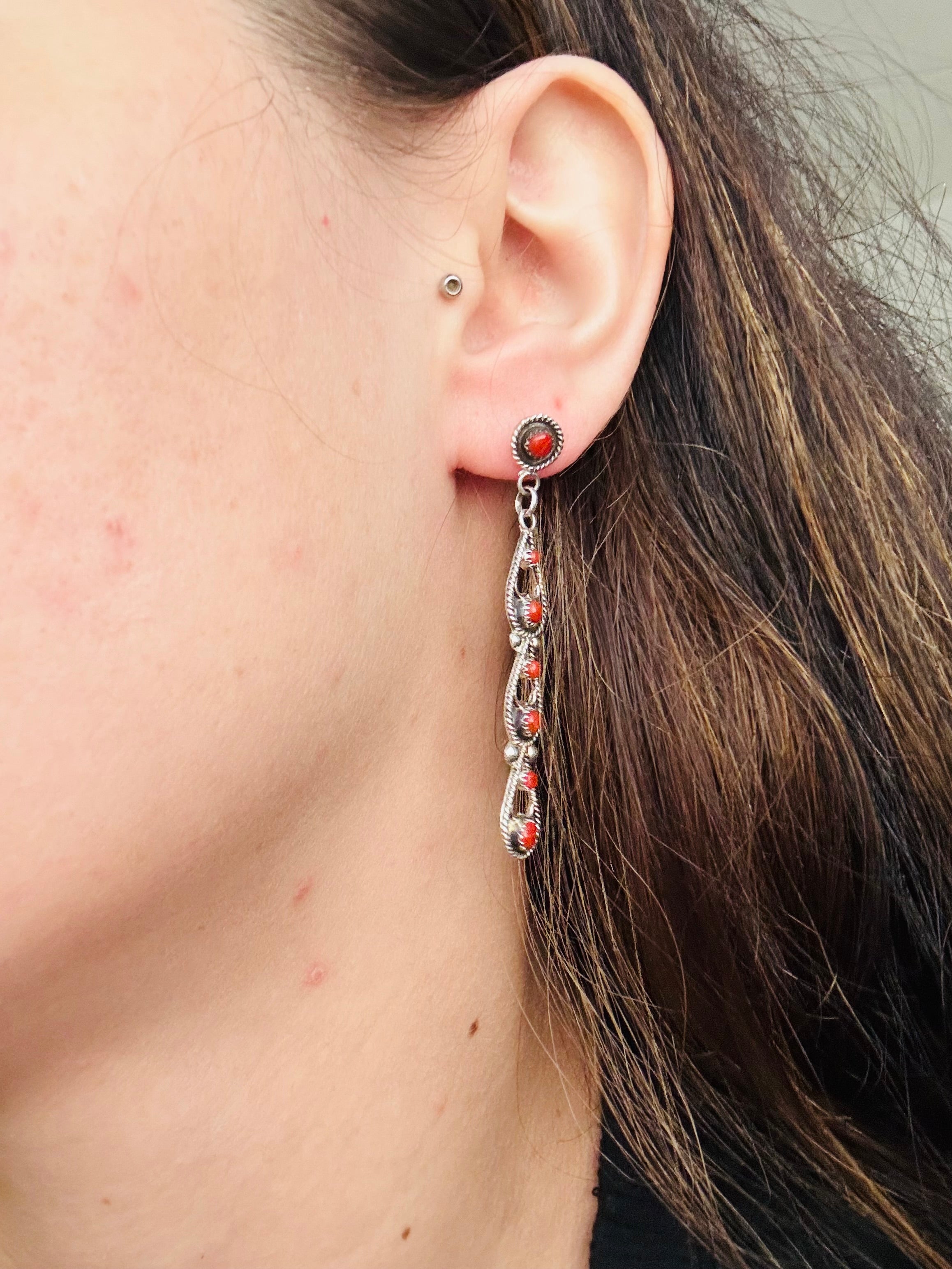 Zuni Made Red Coral & Sterling Silver Post Dangle Earrings