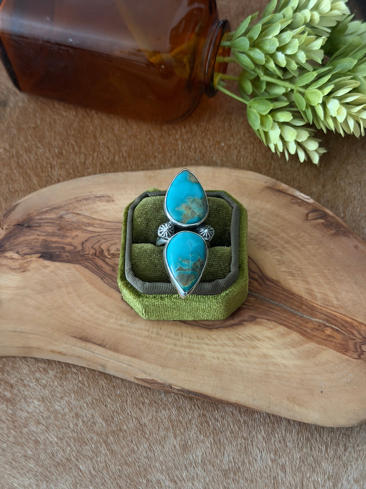 Navajo Made Kingman Turquoise & Sterling Silver Adjustable Ring