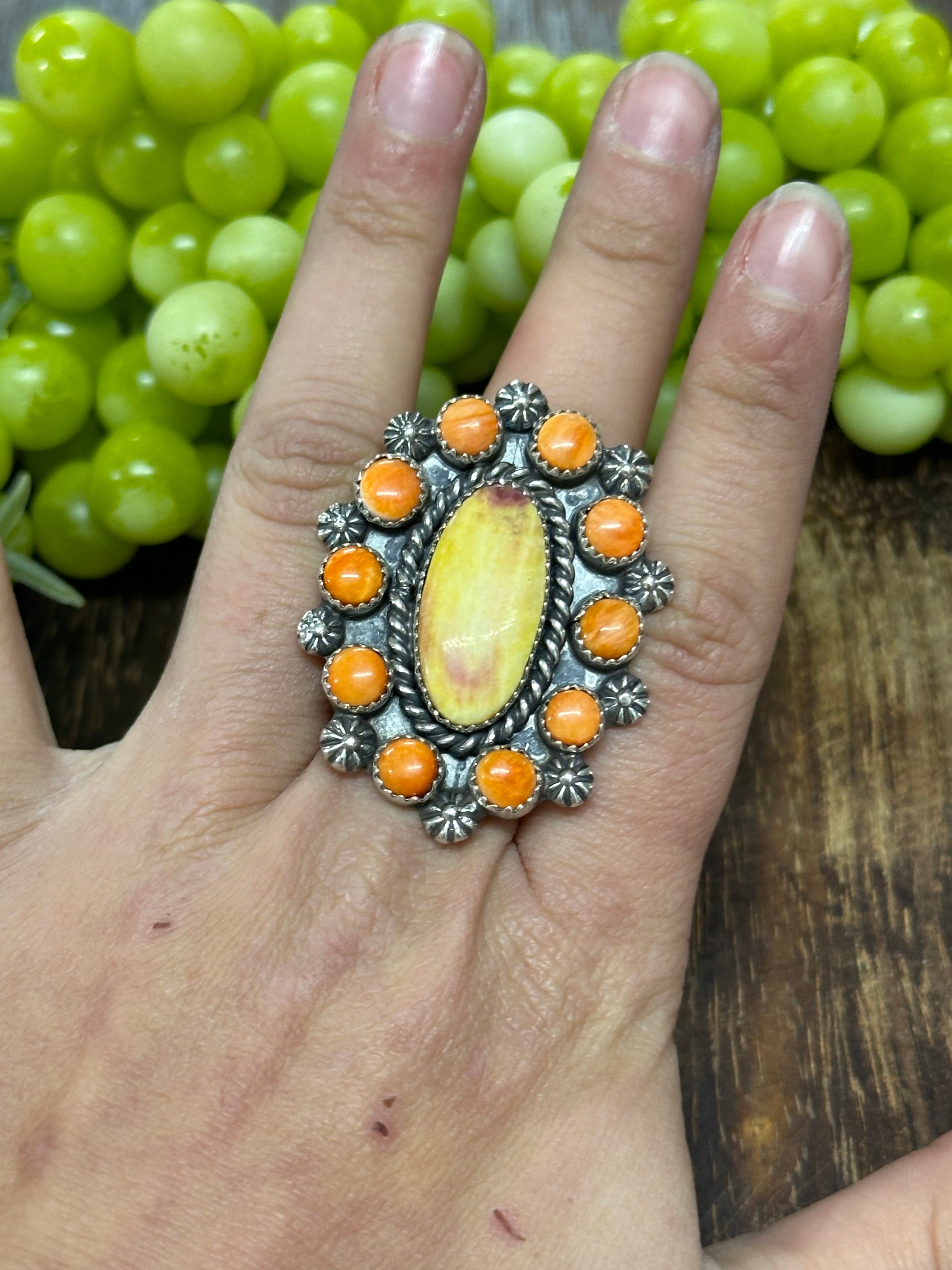 Navajo Handmade Spiny Oyster & Sterling Silver Adjustable Ring