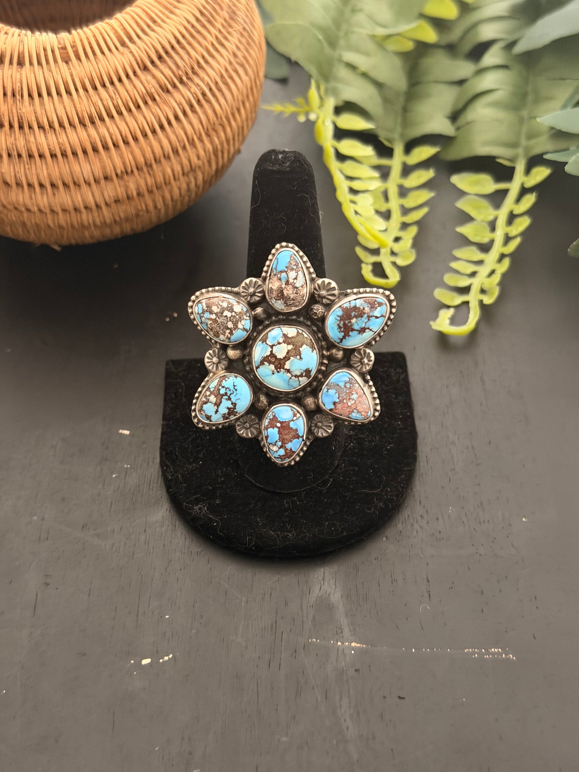 Sheila Becenti Golden Hills Turquoise Sterling Silver Cluster Ring Size 9