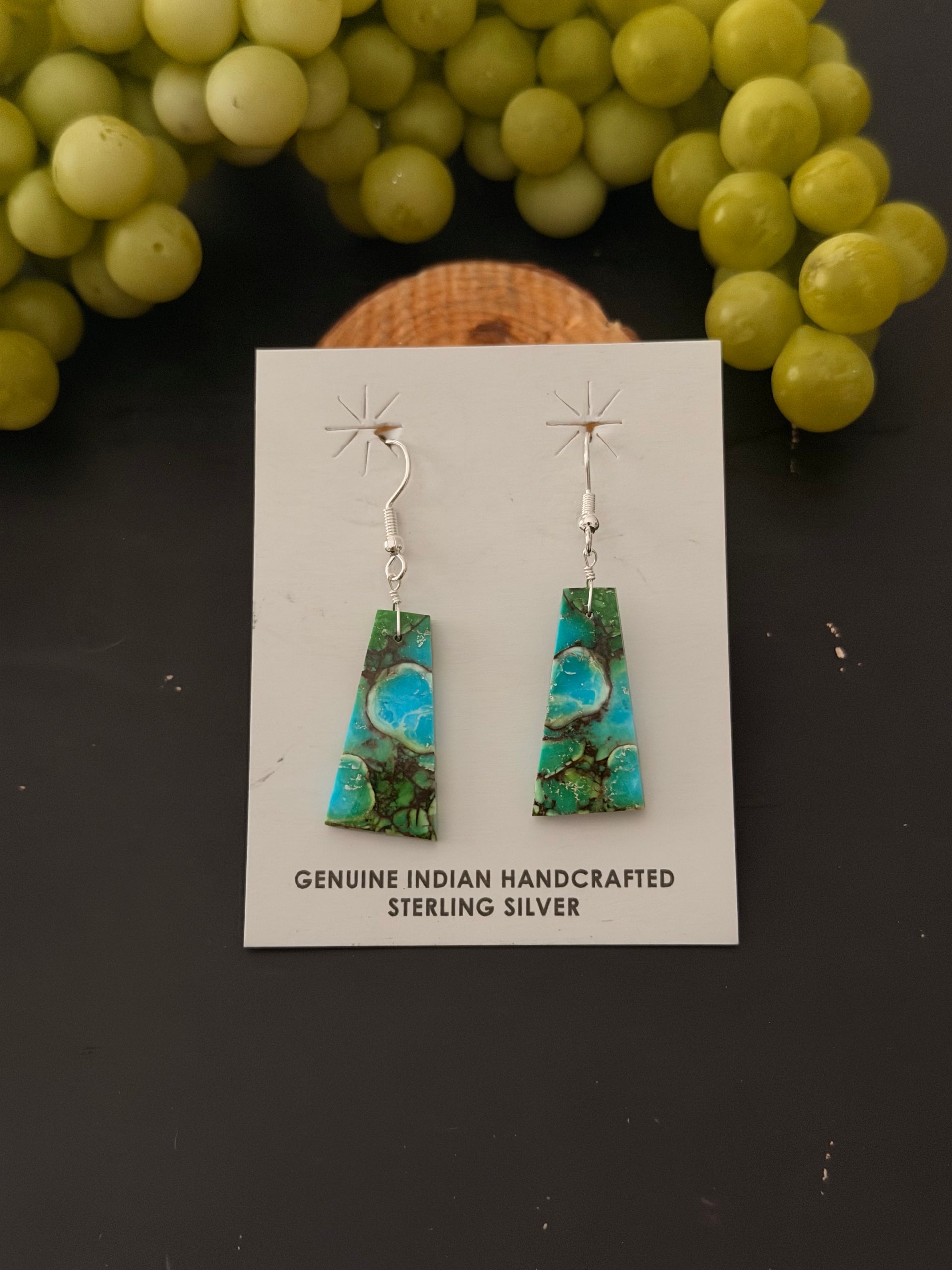 Navajo Made Green Mohave Turquoise & Sterling Silver Slab Dangle Earrings