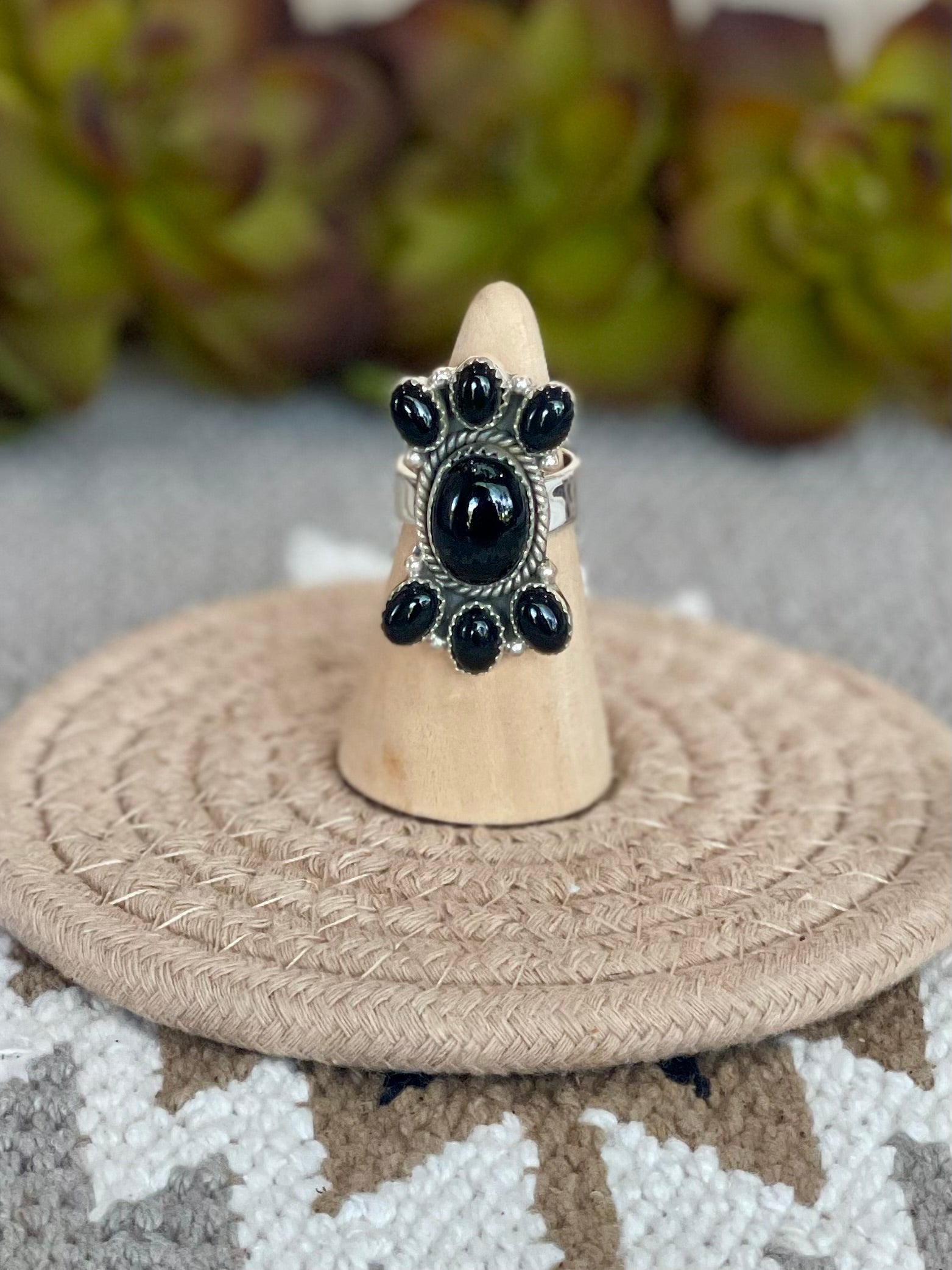 Southwest Handmade Black Onyx & Sterling Silver Adjustable Cluster Ring