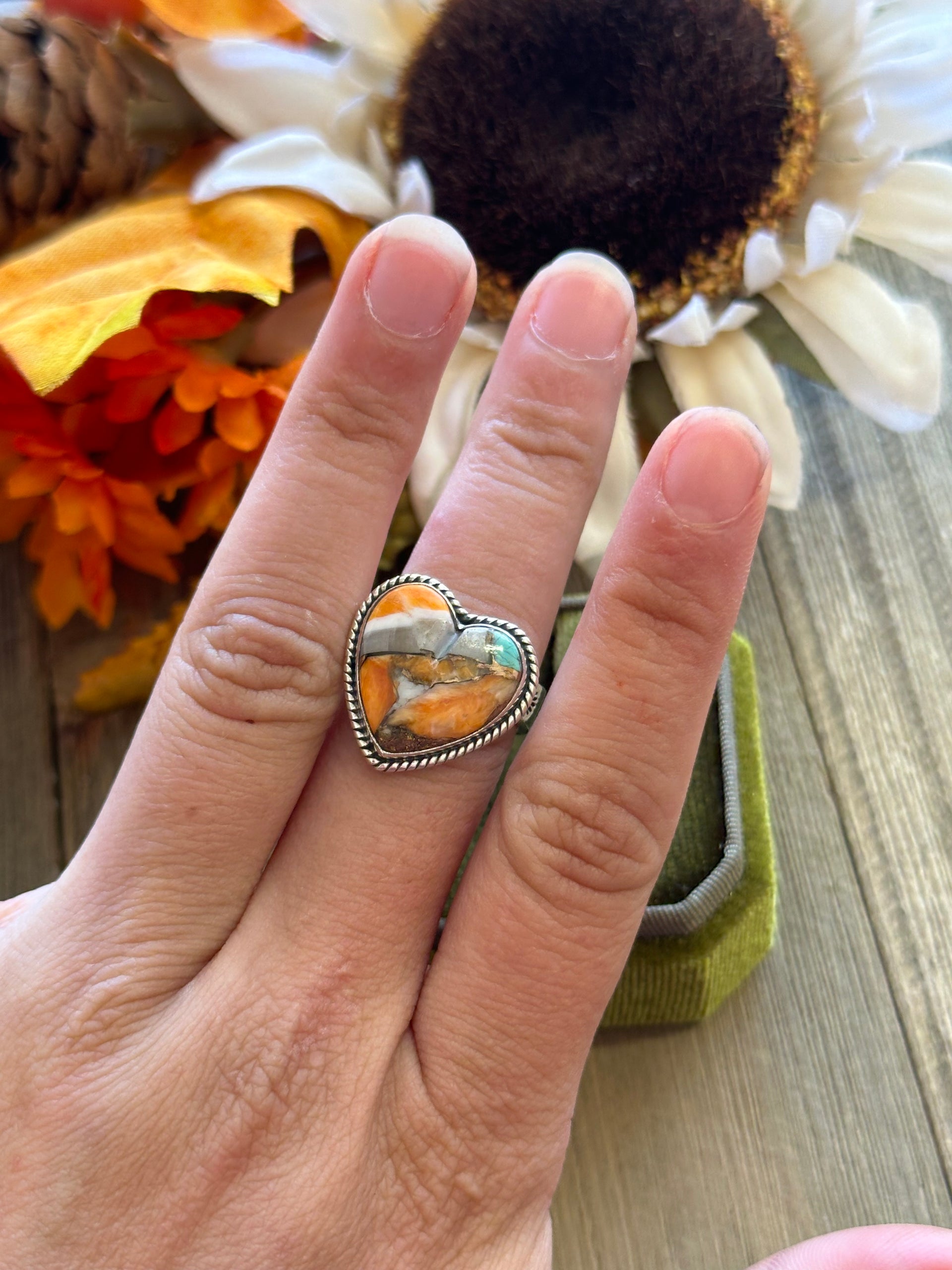 Southwest Handmade Mohave Turquoise & Sterling Silver Adjustable Heart Ring