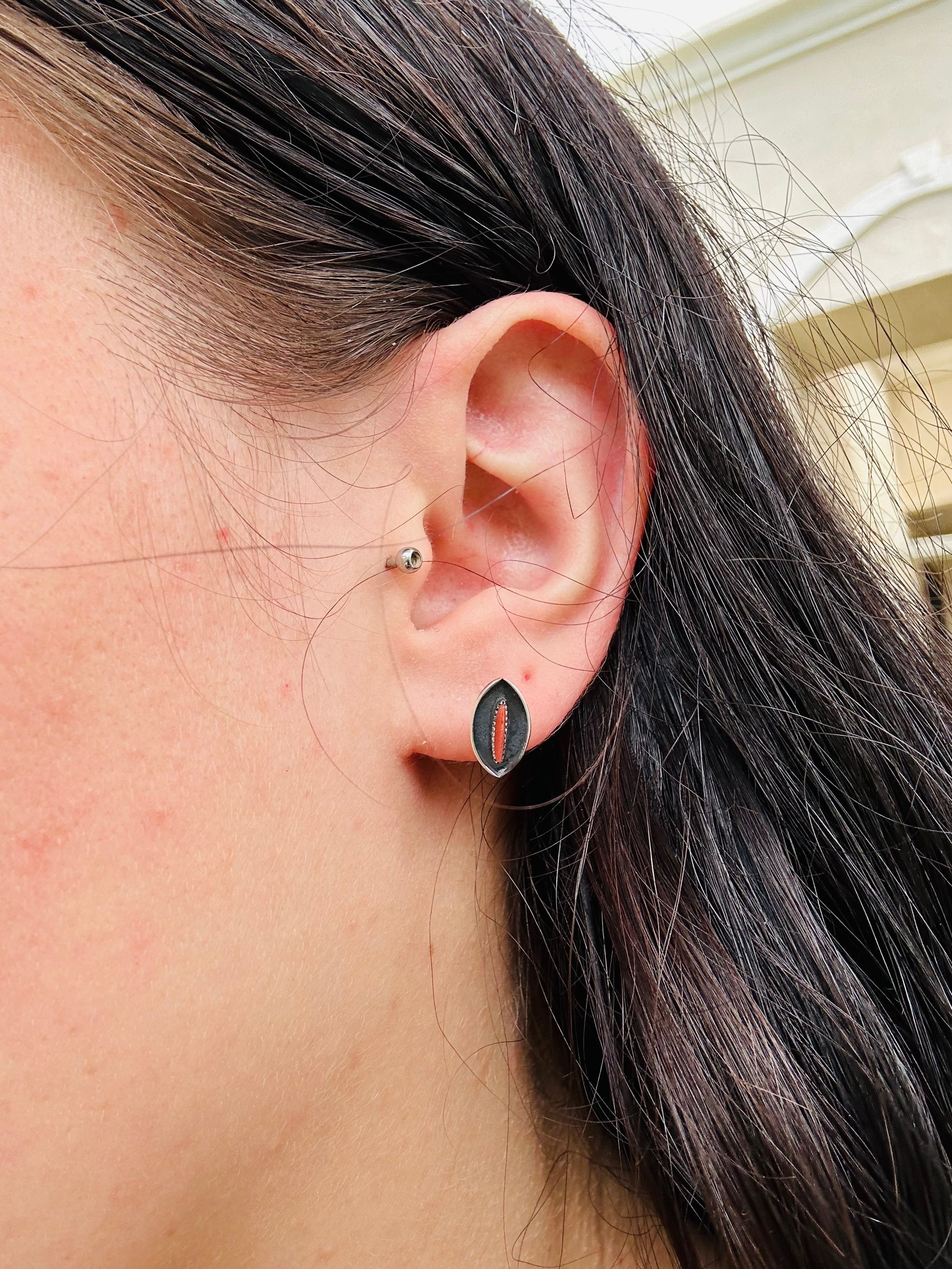 Navajo Made Mediterranean Coral & Sterling Silver Post Earrings