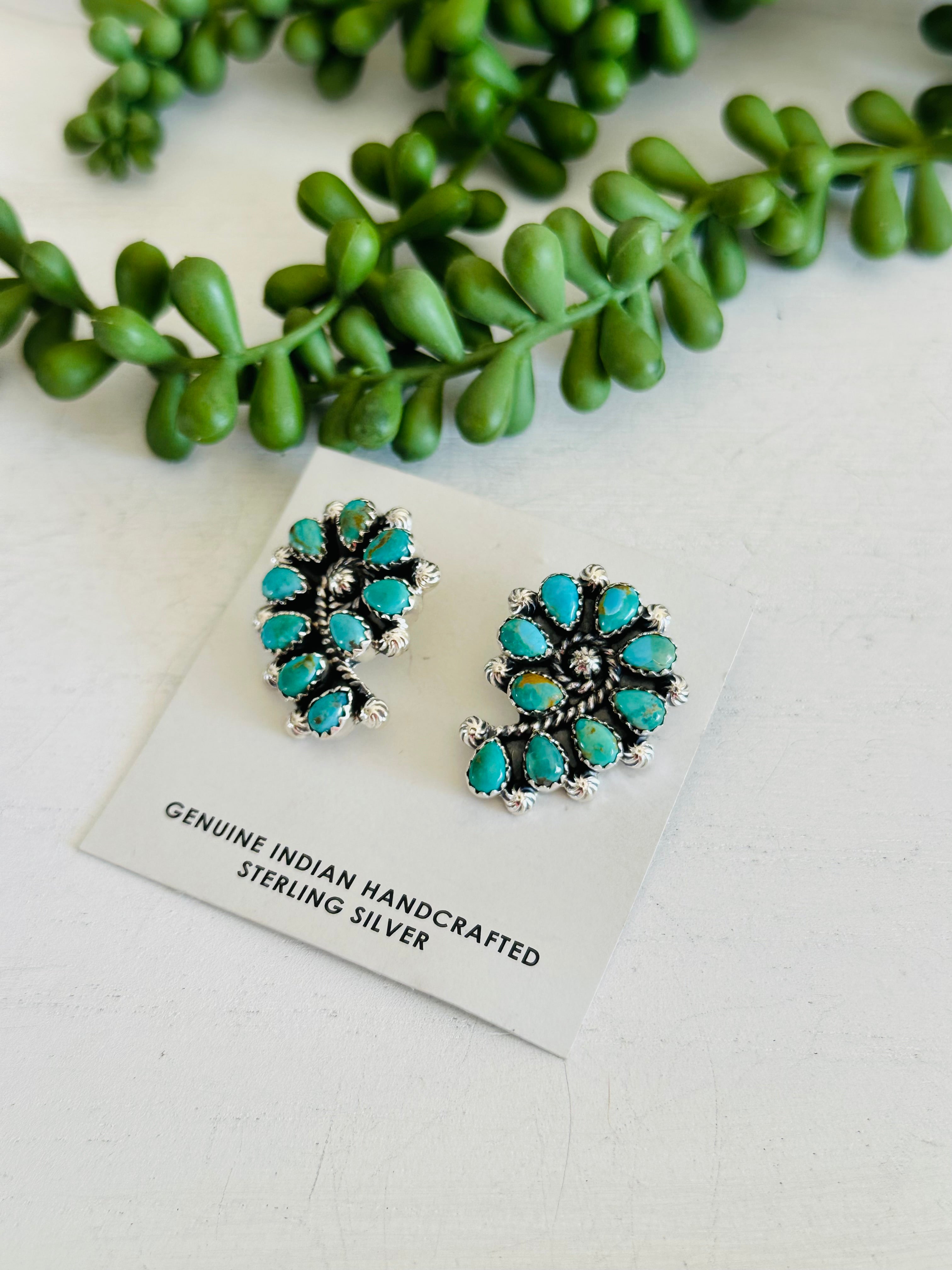 Southwest Handmade Kingman Turquoise & Sterling Silver Post Cluster Earrings