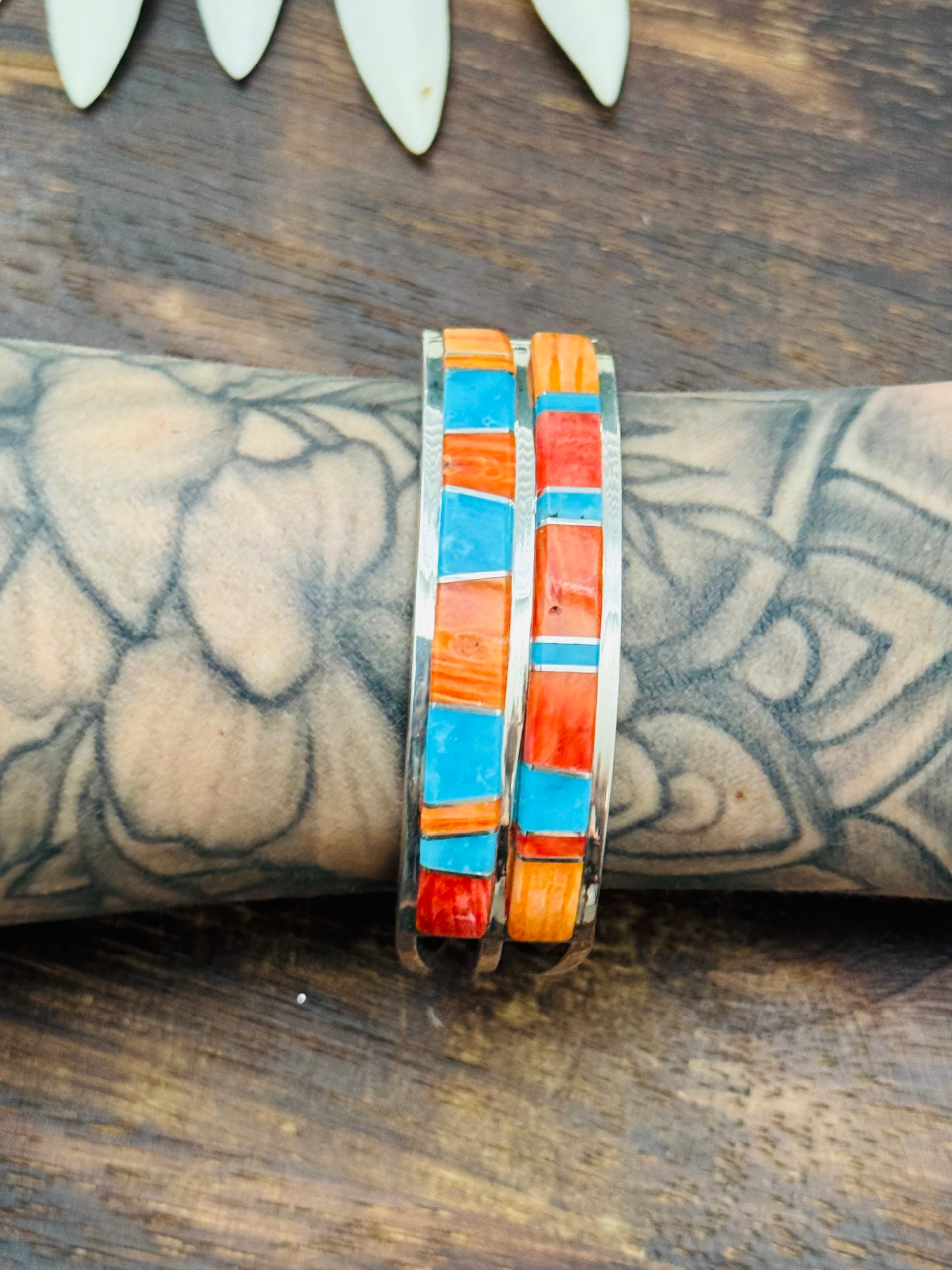 Navajo Made Multi Stone & Sterling Silver Inlay Cuff Bracelet