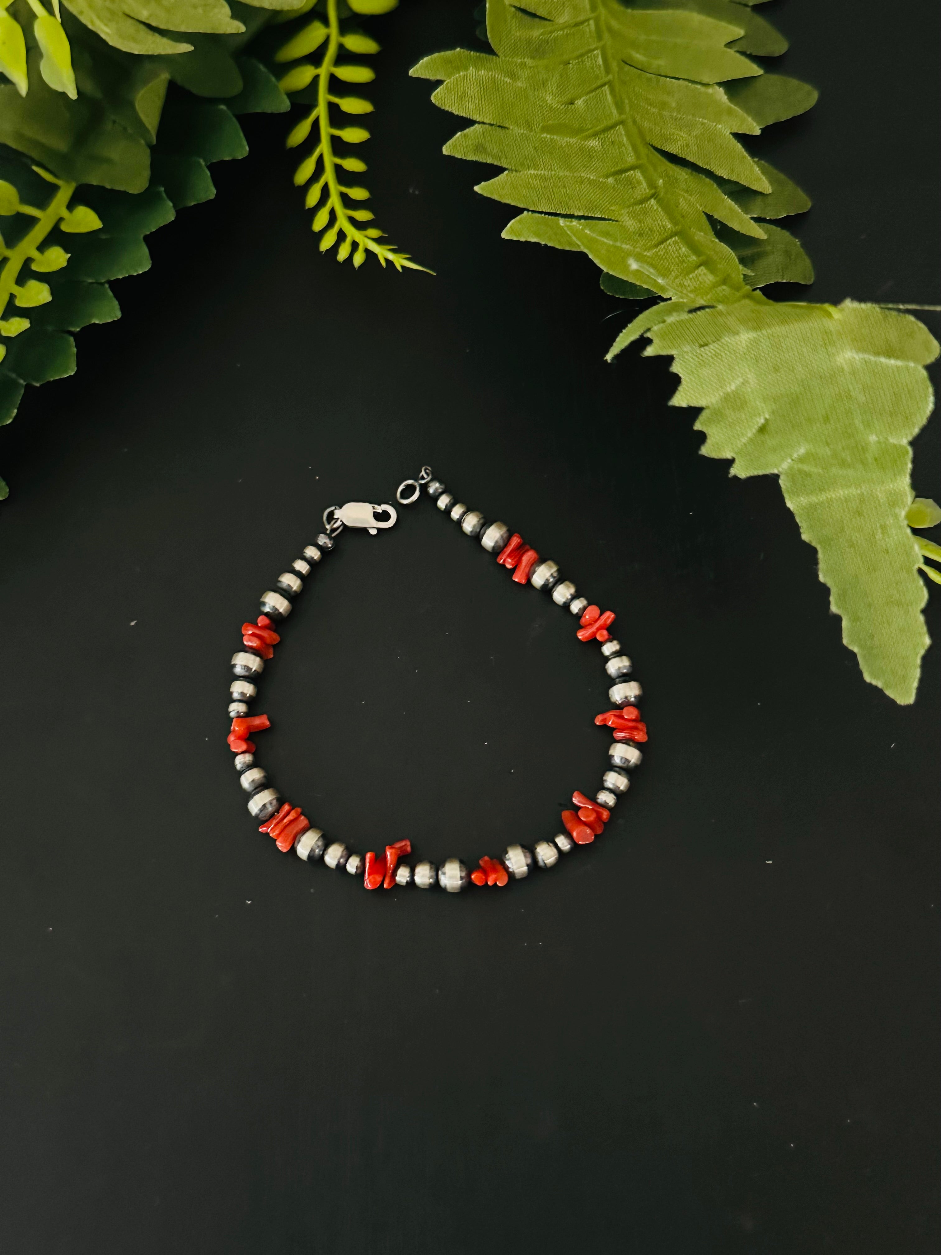 Navajo Strung Coral & Sterling Silver Graduated Pearl Bracelet