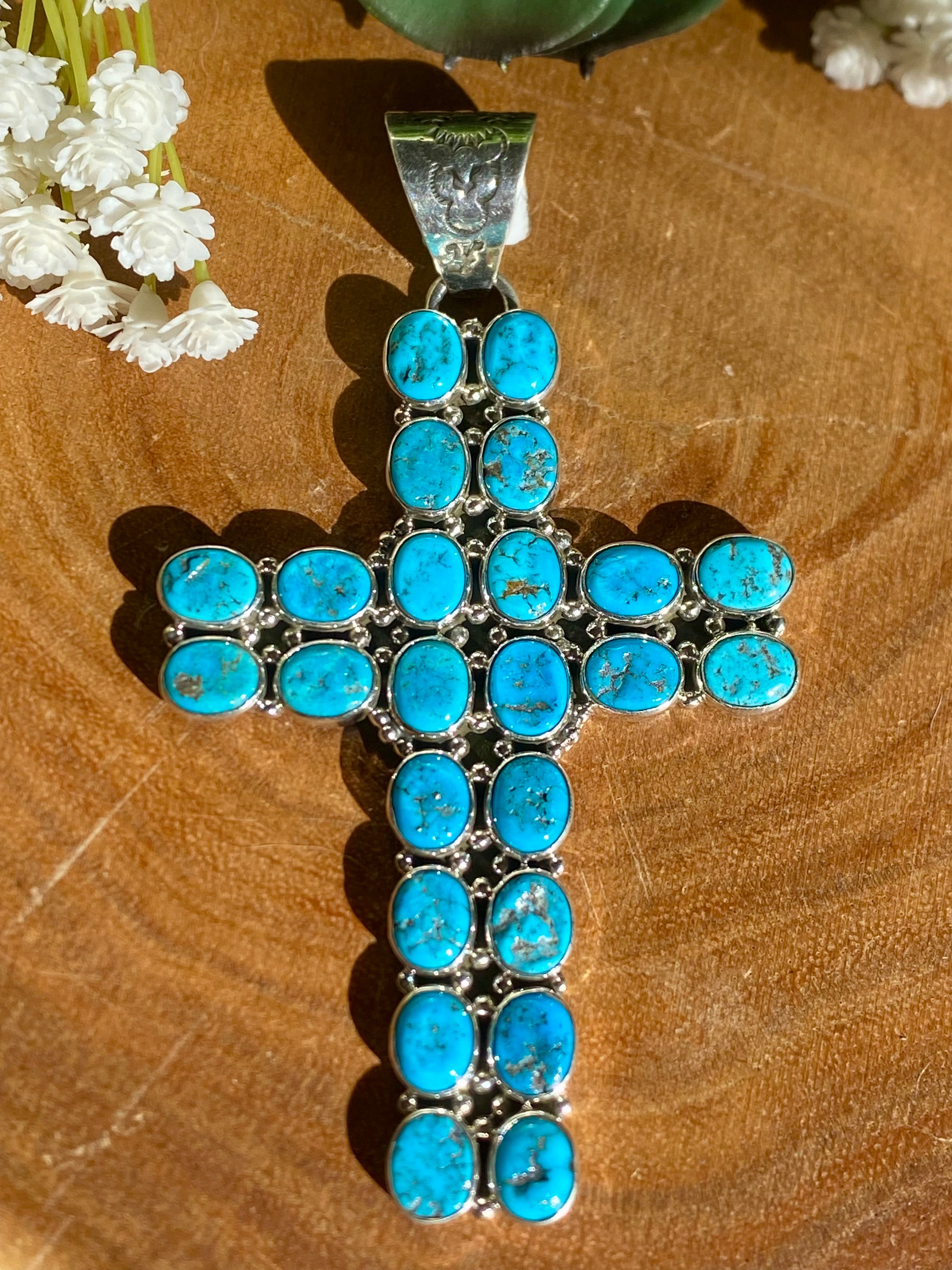 Zia Navajo Made Kingman Turquoise & Sterling Silver Cross PENDANT ONLY