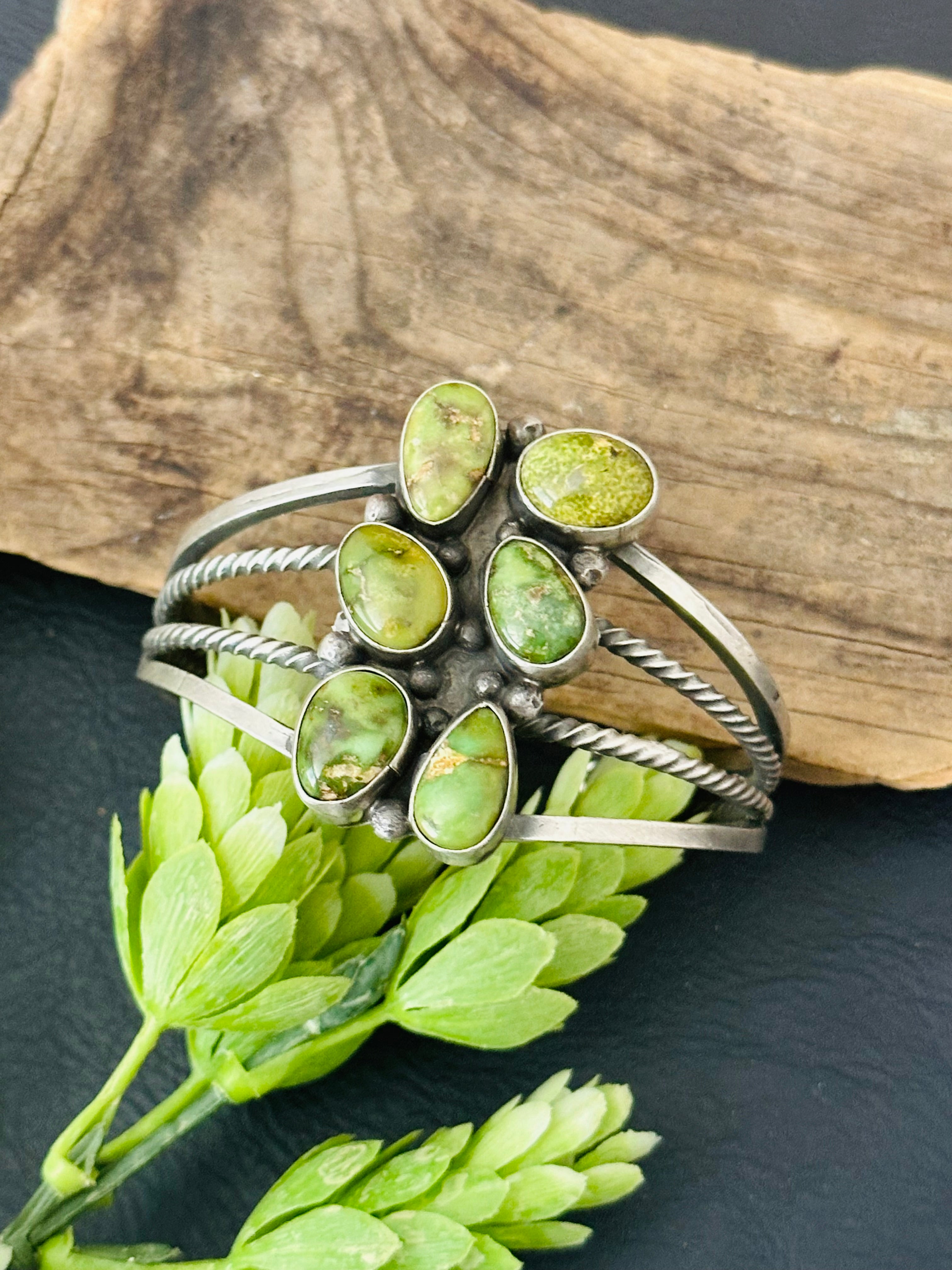 Navajo Made Sonoran Gold Turquoise and Sterling Silver Cuff Bracelet