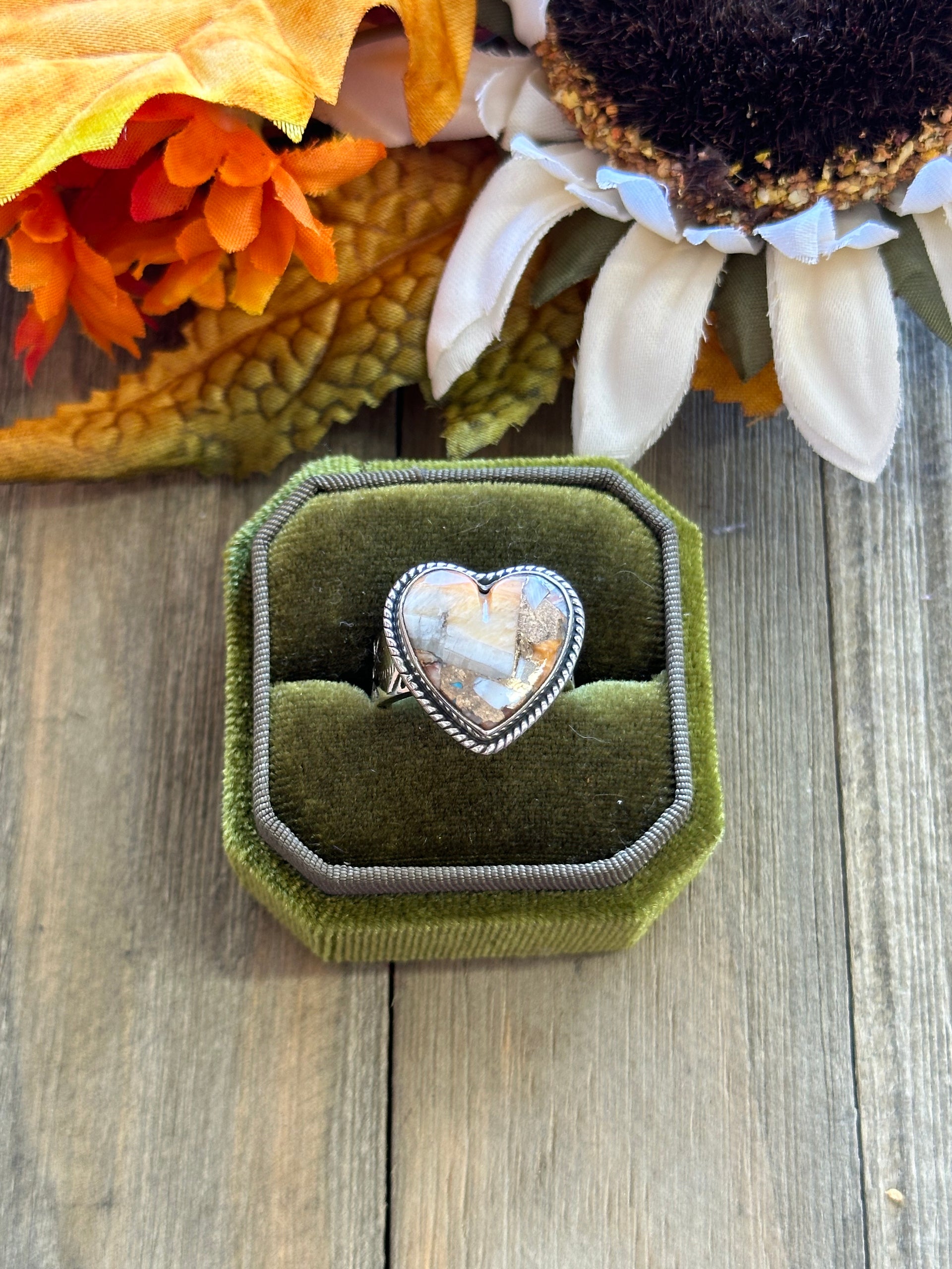 Southwest Handmade Mohave Turquoise & Sterling Silver Adjustable Heart Ring
