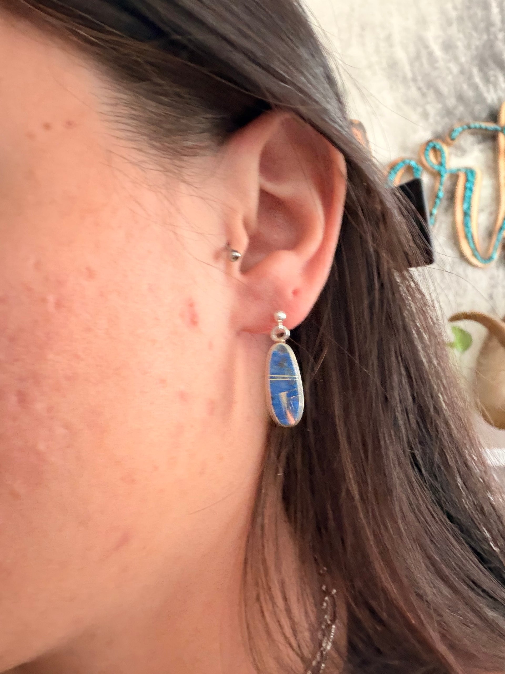 Navajo Made Lapis & Sterling Silver Post Dangle Inlay Earrings