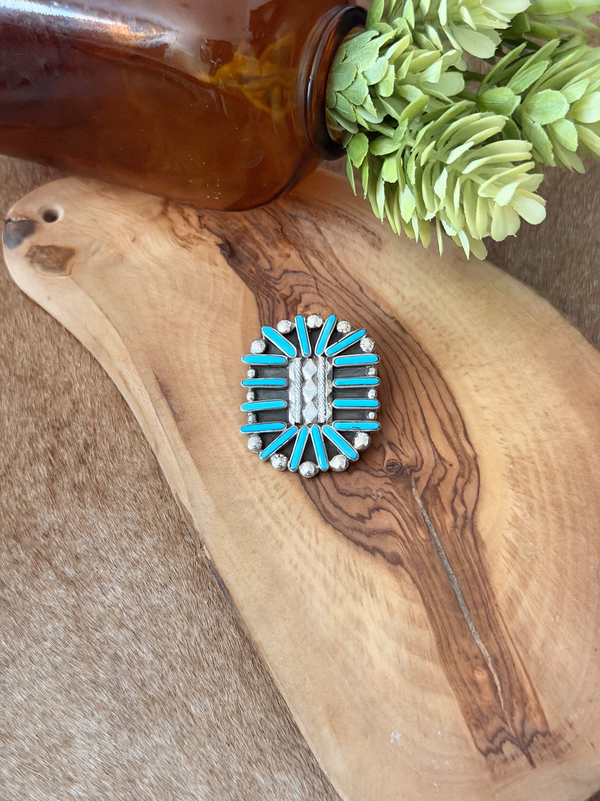Zuni Made Kingman Turquoise & Sterling Silver Cluster Pendant/Pin