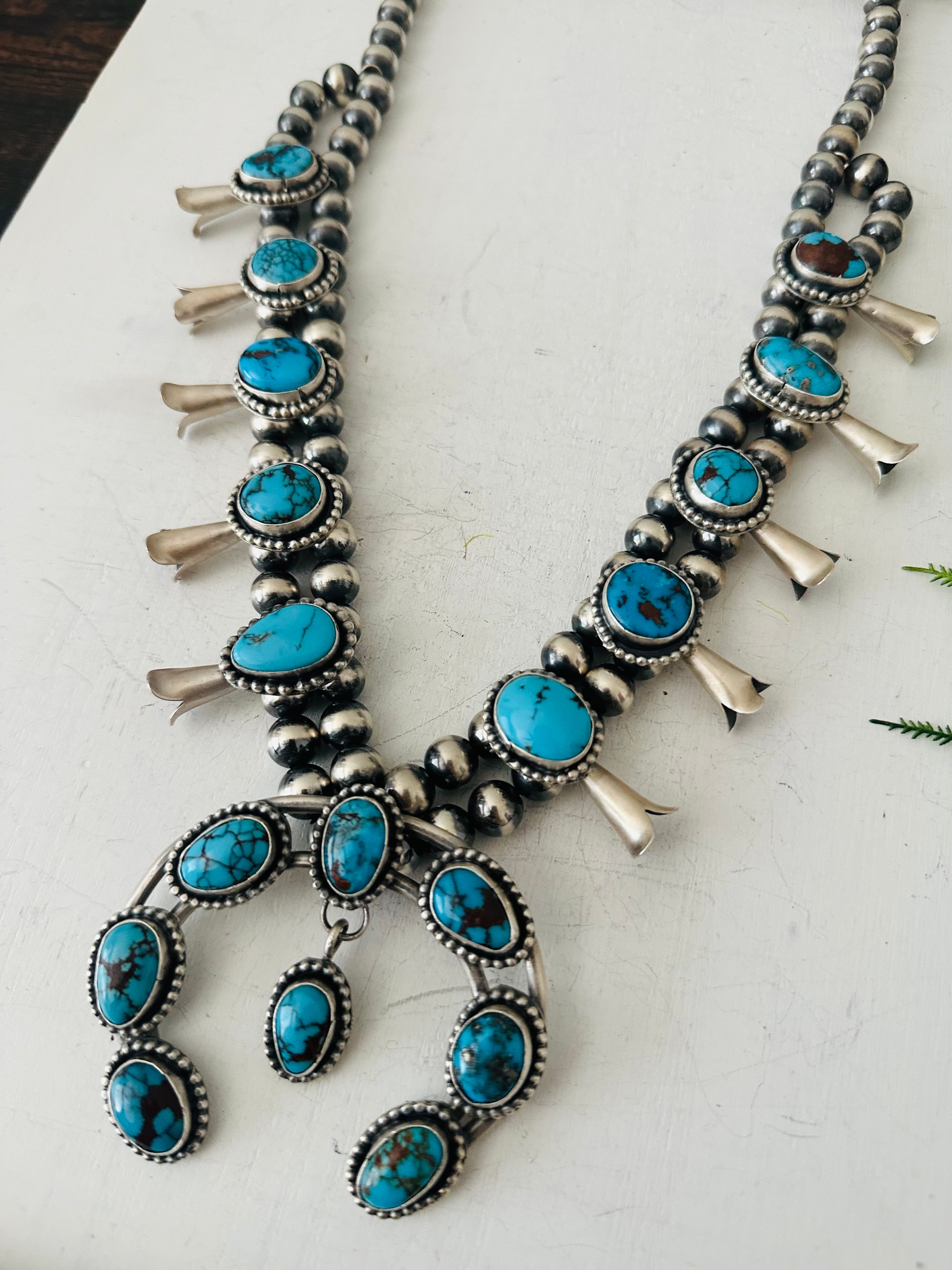 Gilbert Nez Egyptian Prince Turquoise & Sterling Silver Squash Blossom Necklace