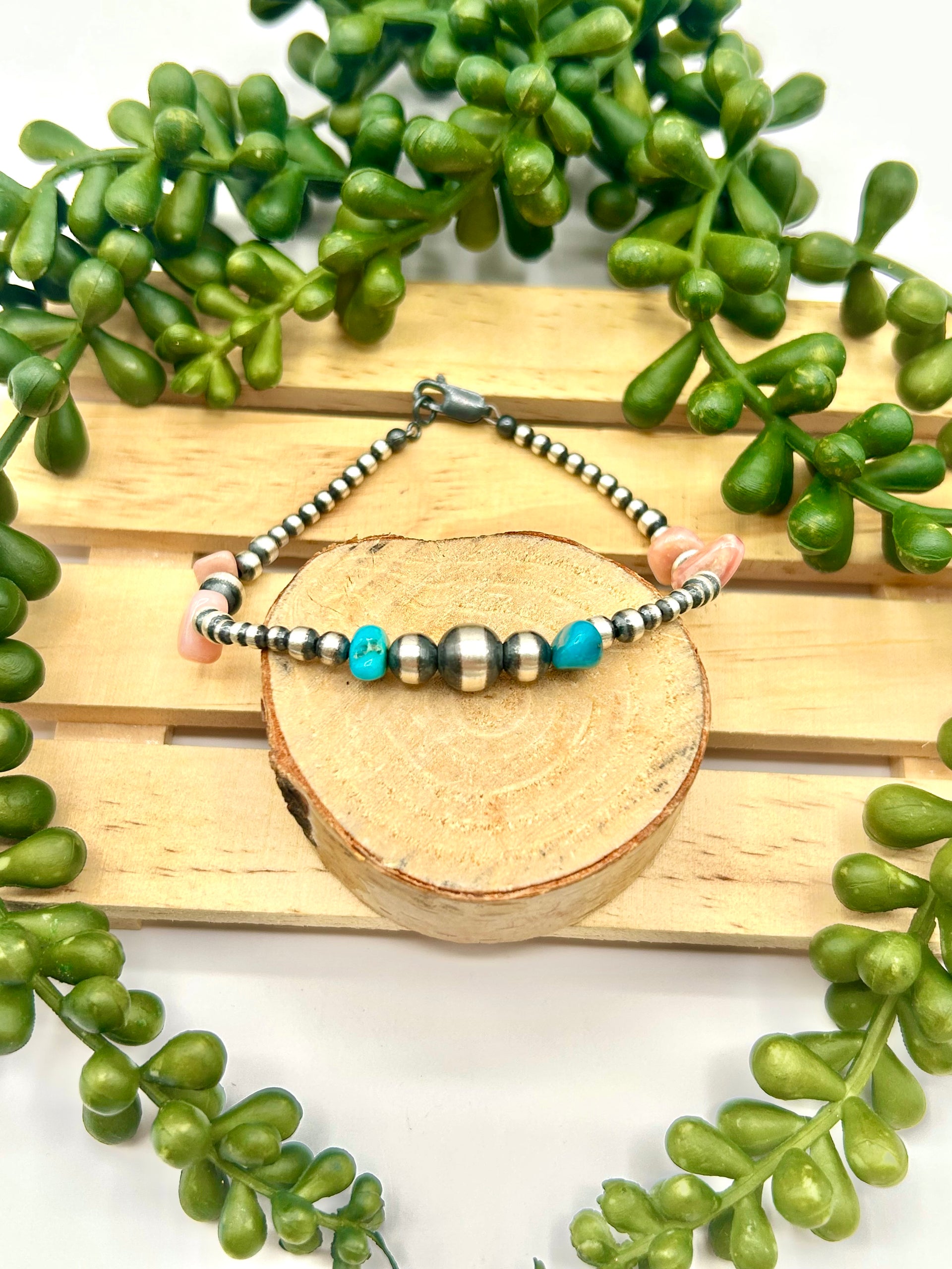 Navajo Made Strung Multi Stone & Sterling Silver Link Bracelet