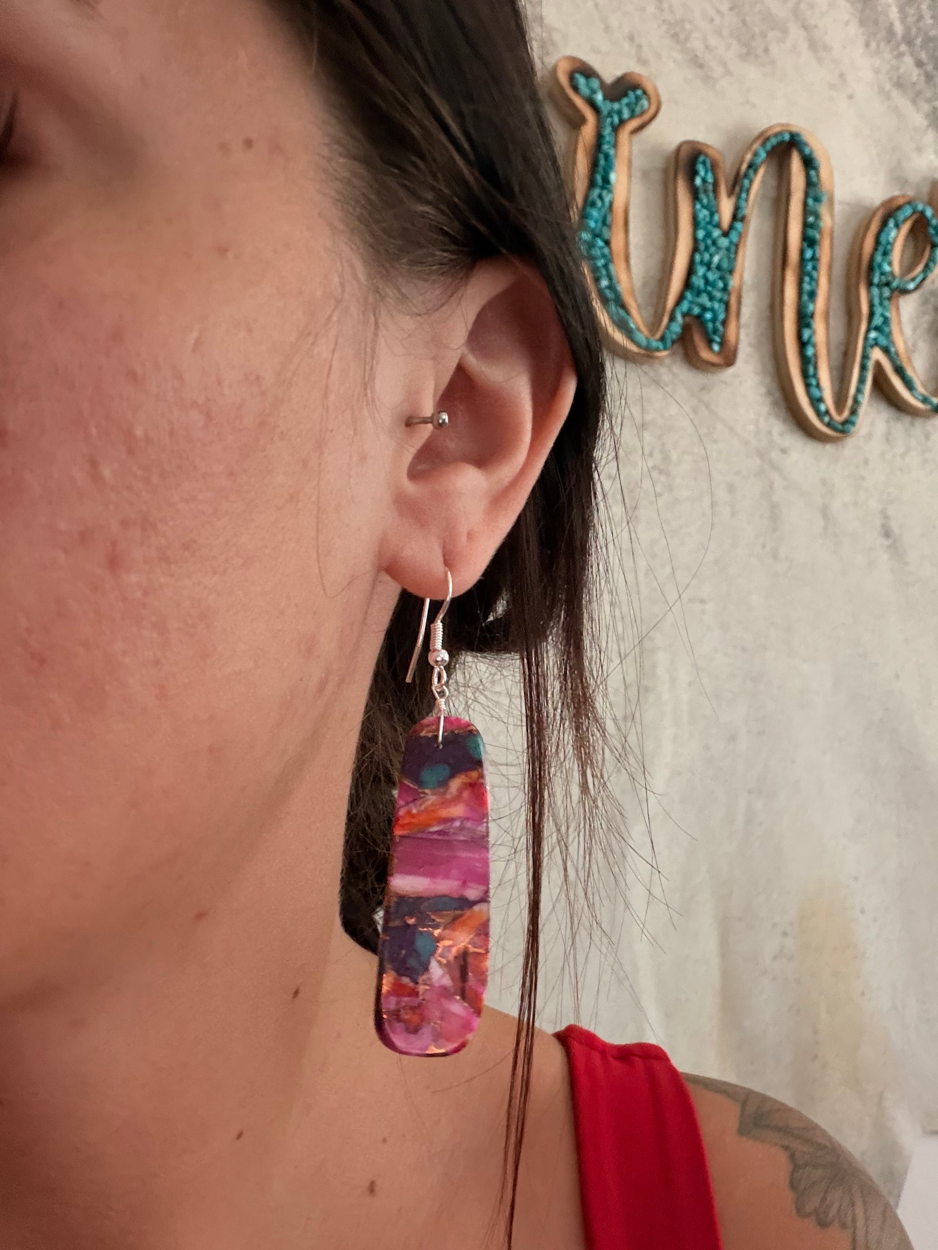 Navajo Made Purple/Pink Mohave Turquoise & Sterling Silver Slab Dangle Earrings