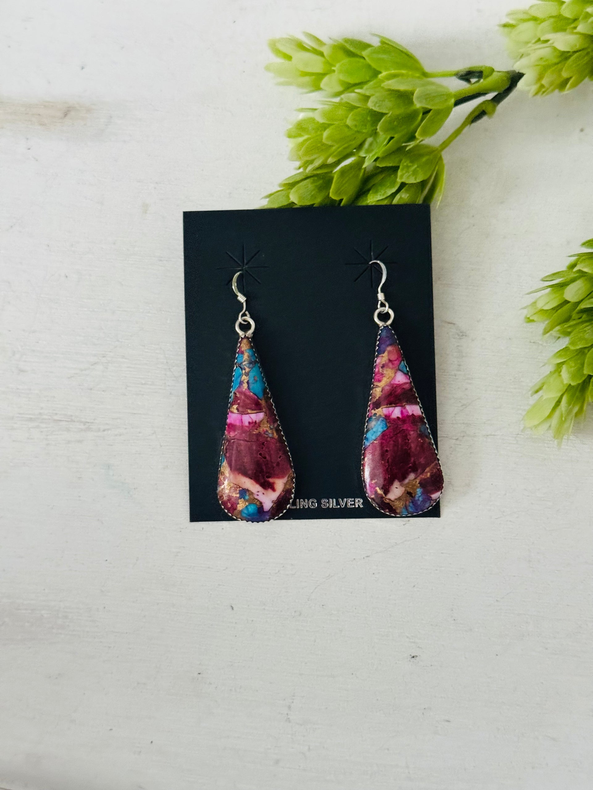 Navajo Made Pink Mohave Turquoise & Sterling Silver Dangle Earrings