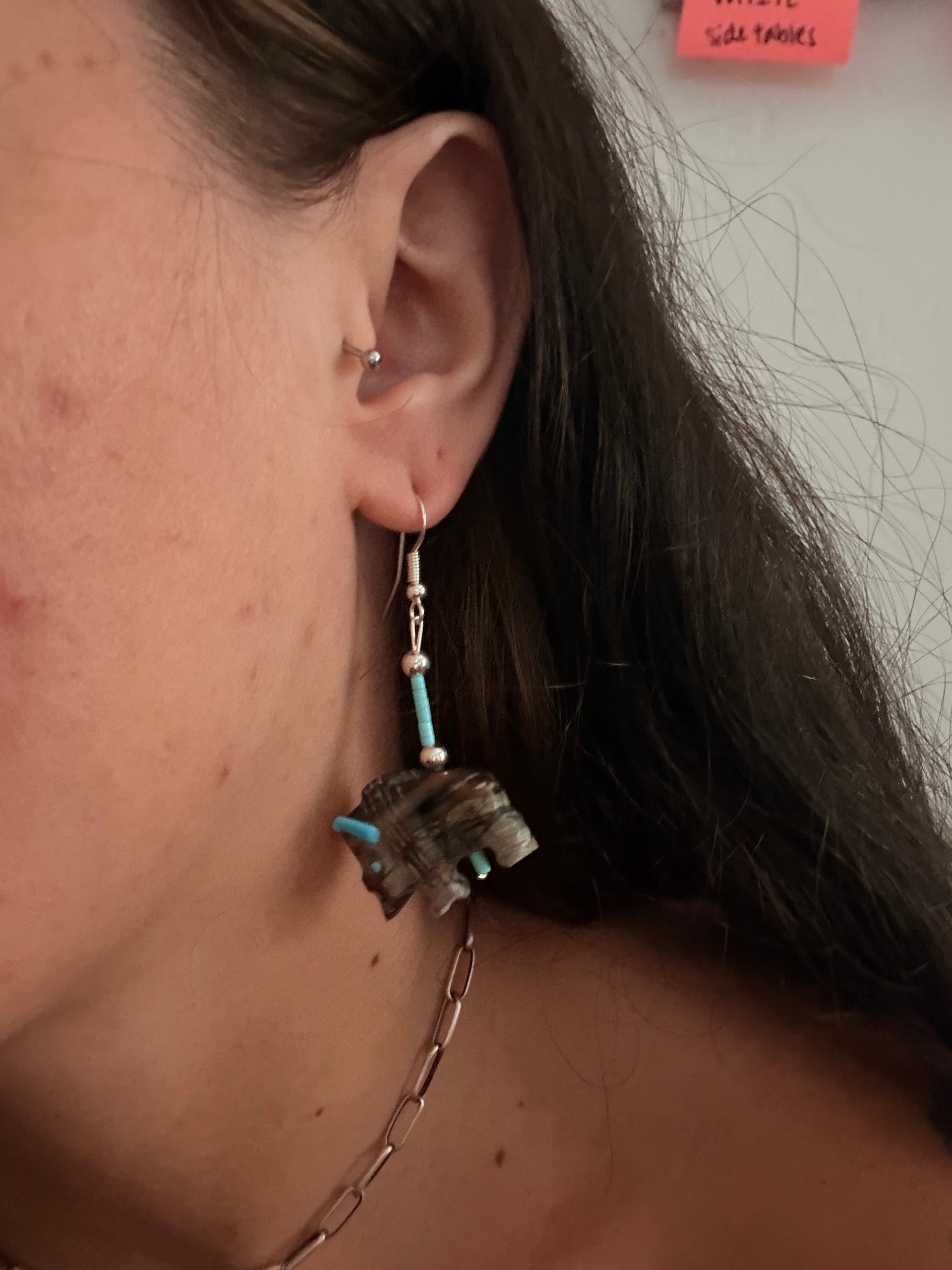 Zuni Fetish Multi Stone & Sterling Silver Dangle Earrings