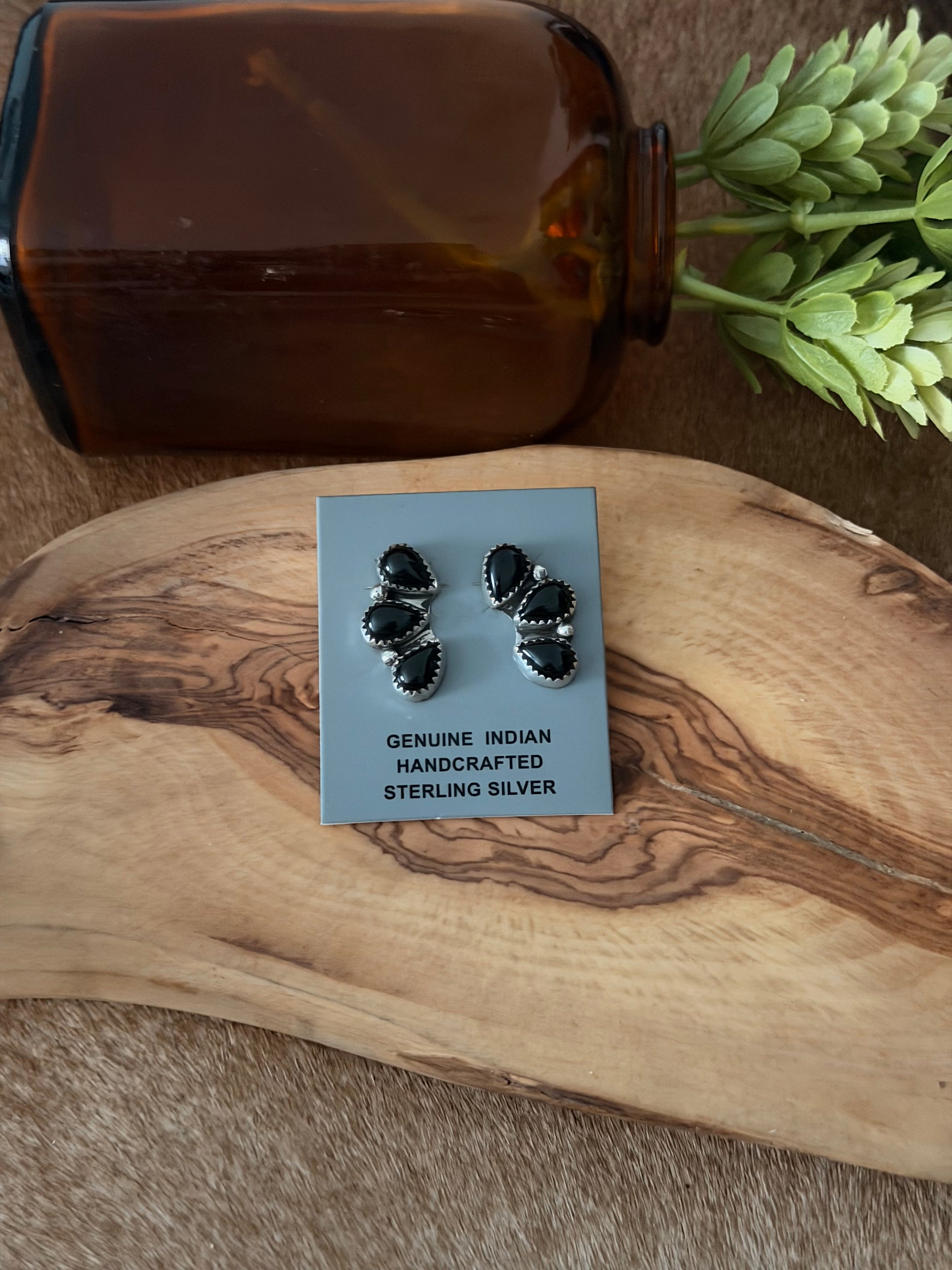 Navajo Made Onyx & Sterling Silver Post Dangle Cluster Earrings
