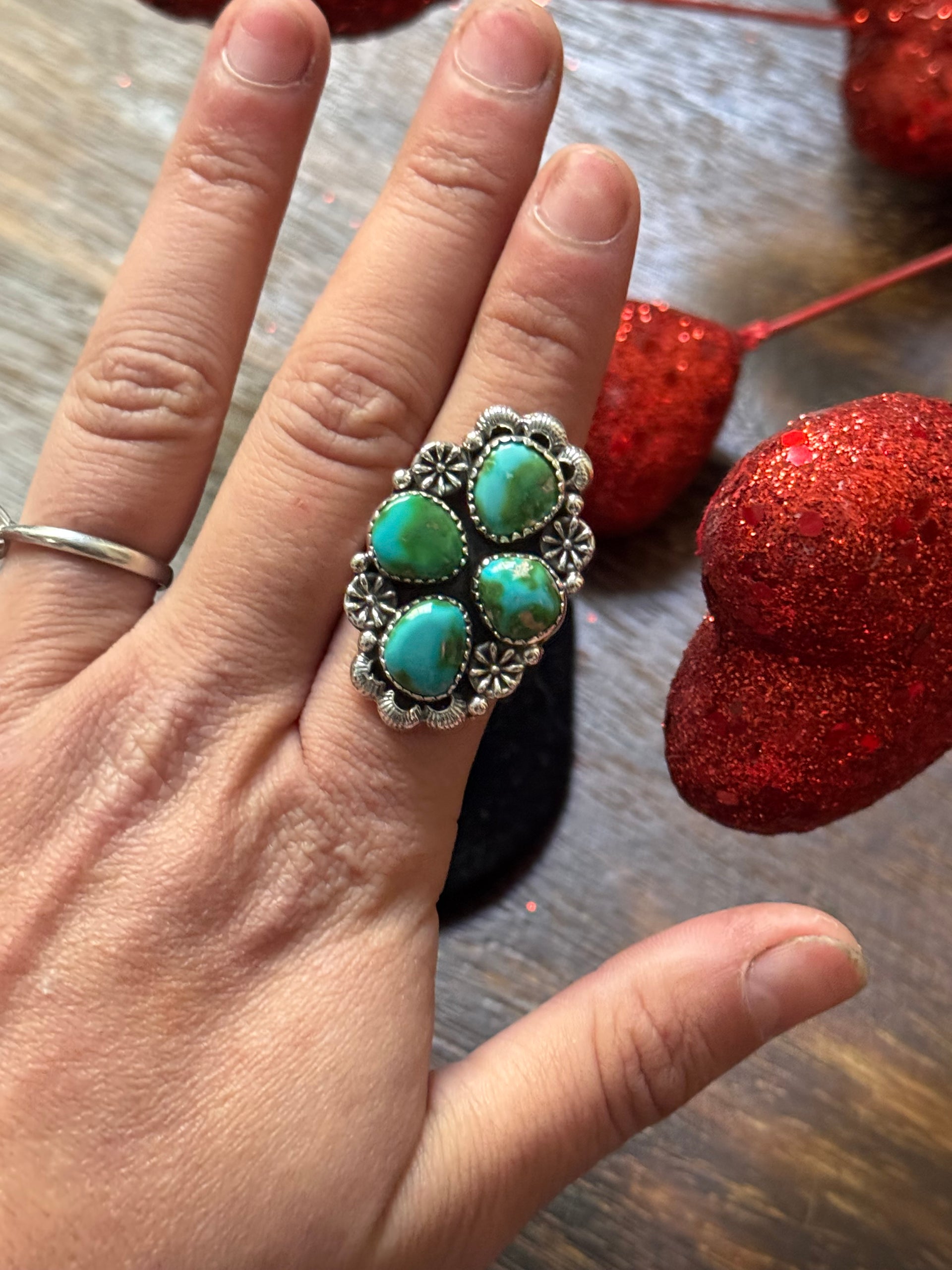 Southwest Handmade Sonoran Mountain Turquoise & Sterling Silver Adjustable Cluster Ring