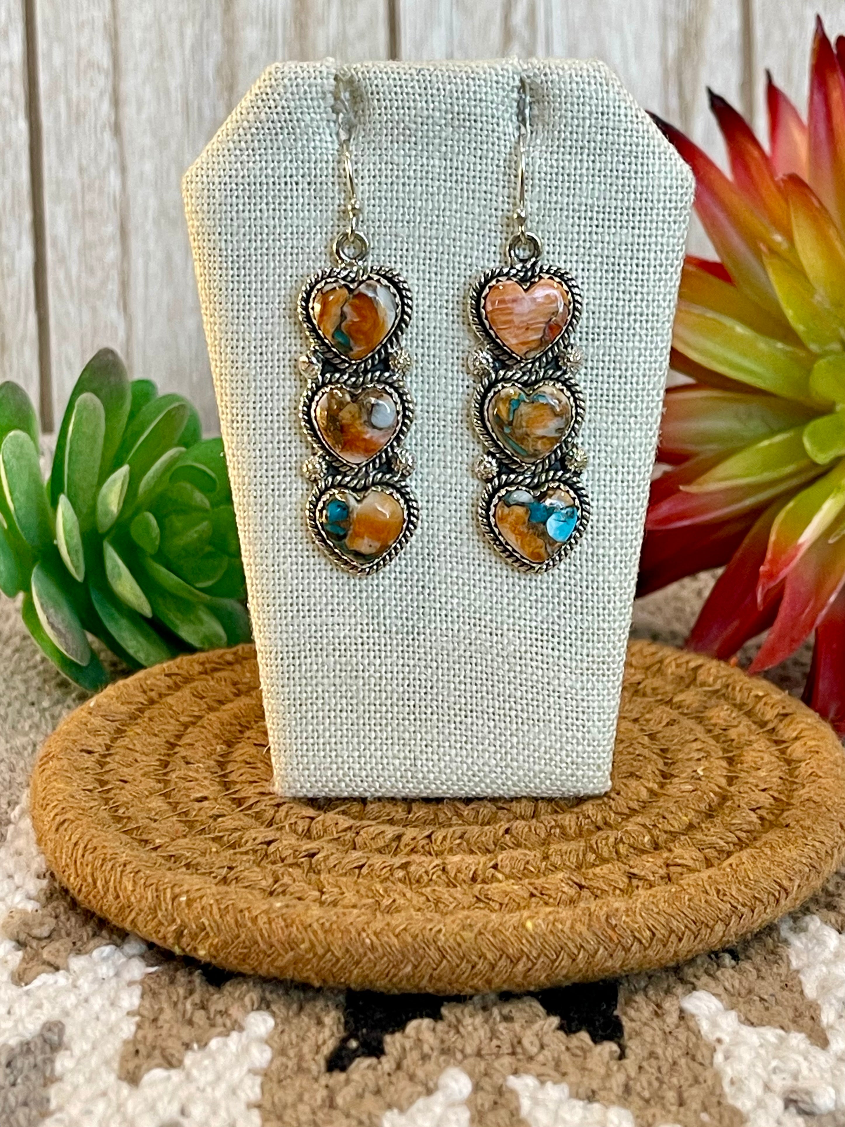 Southwest Handmade Mohave Turquoise & Sterling Silver Post Dangle Heart Earrings