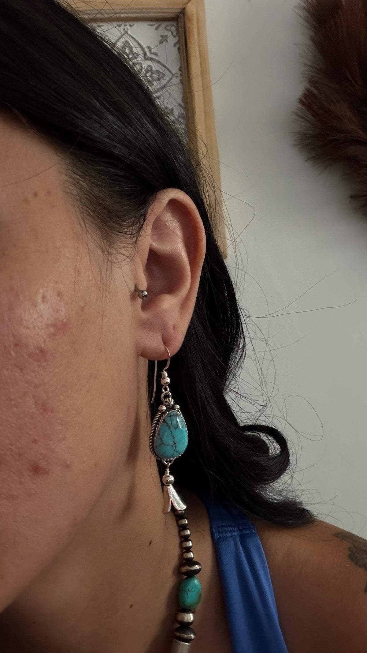 Navajo Made Egyptian Turquoise & Sterling Silver Dangle Earrings