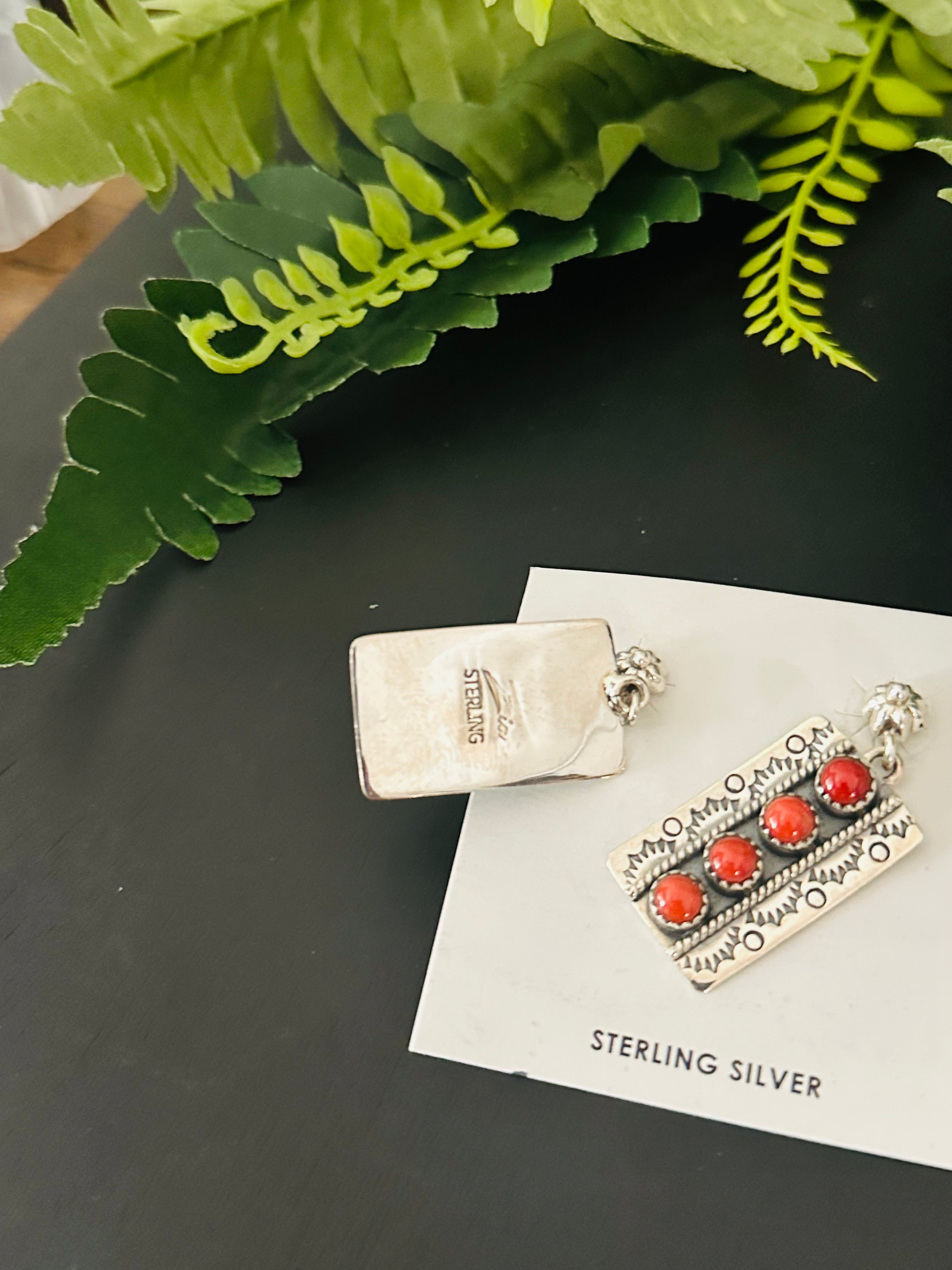 Navajo Made Coral & Sterling Silver Post Dangle  Earrings