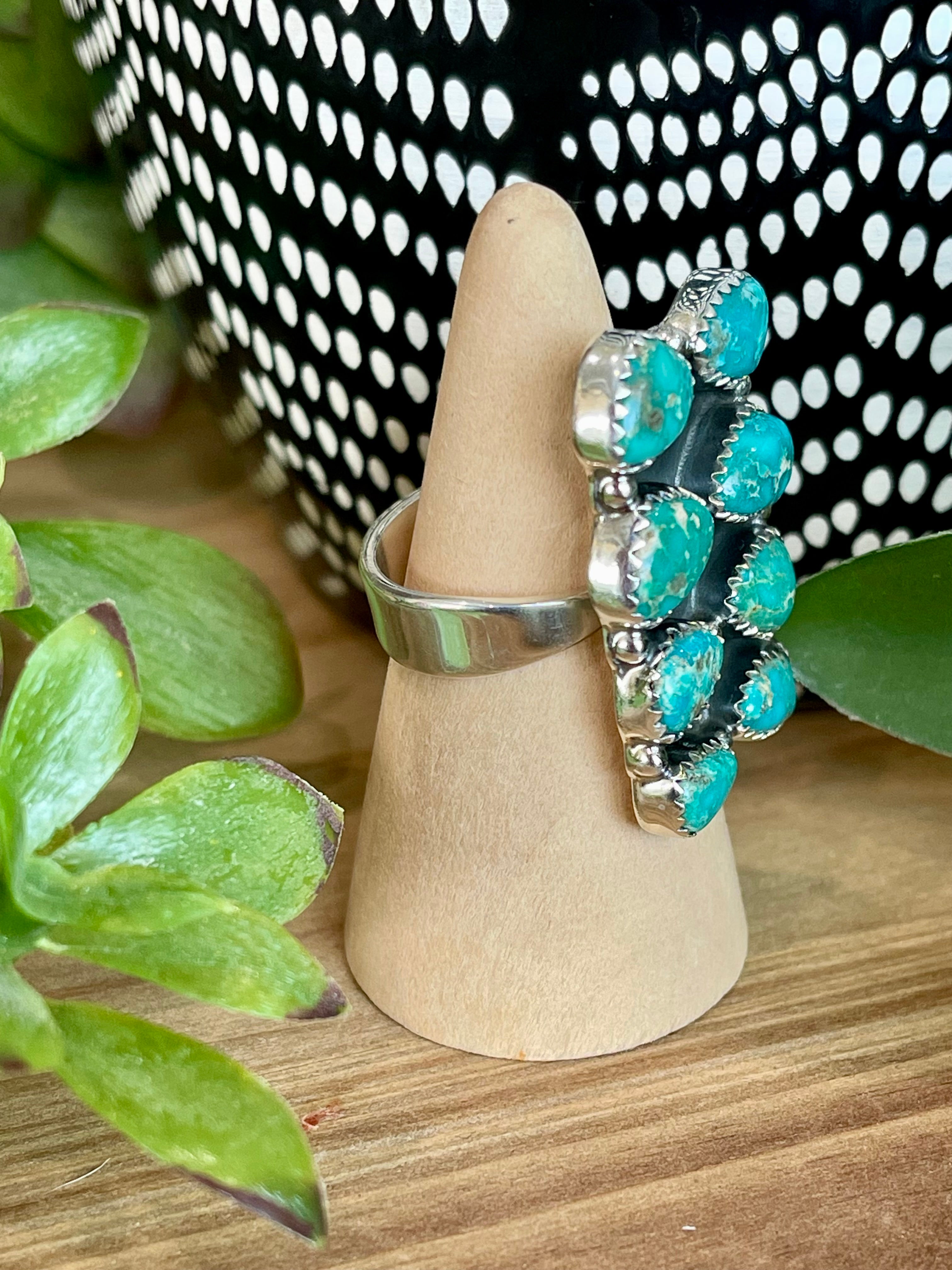 Southwest Handmade Sonoran Mountain Turquoise & Sterling Silver Cluster Adjustable Ring