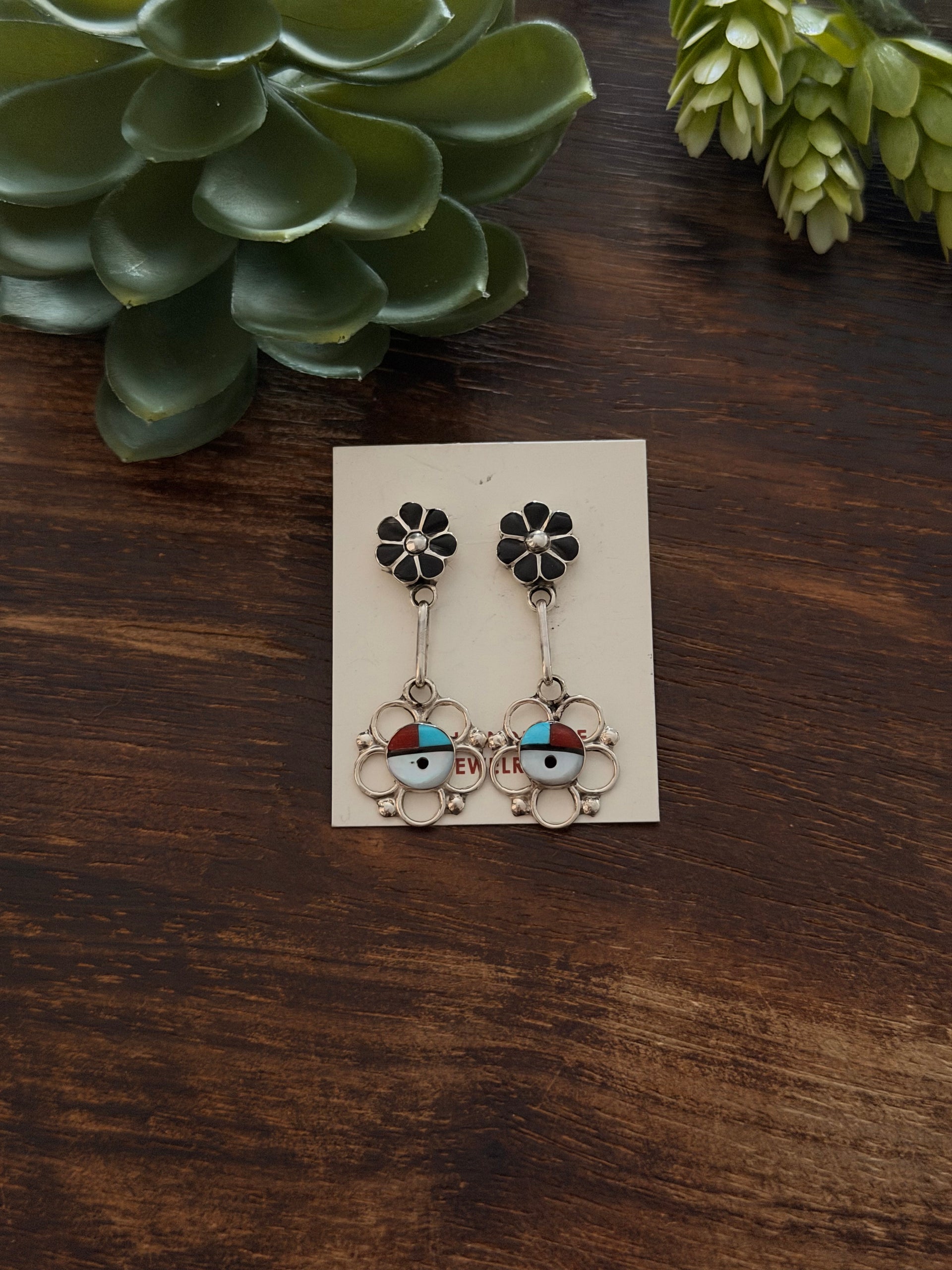 Zuni Made Multi Stone & Sterling Silver Post Dangle Earrings