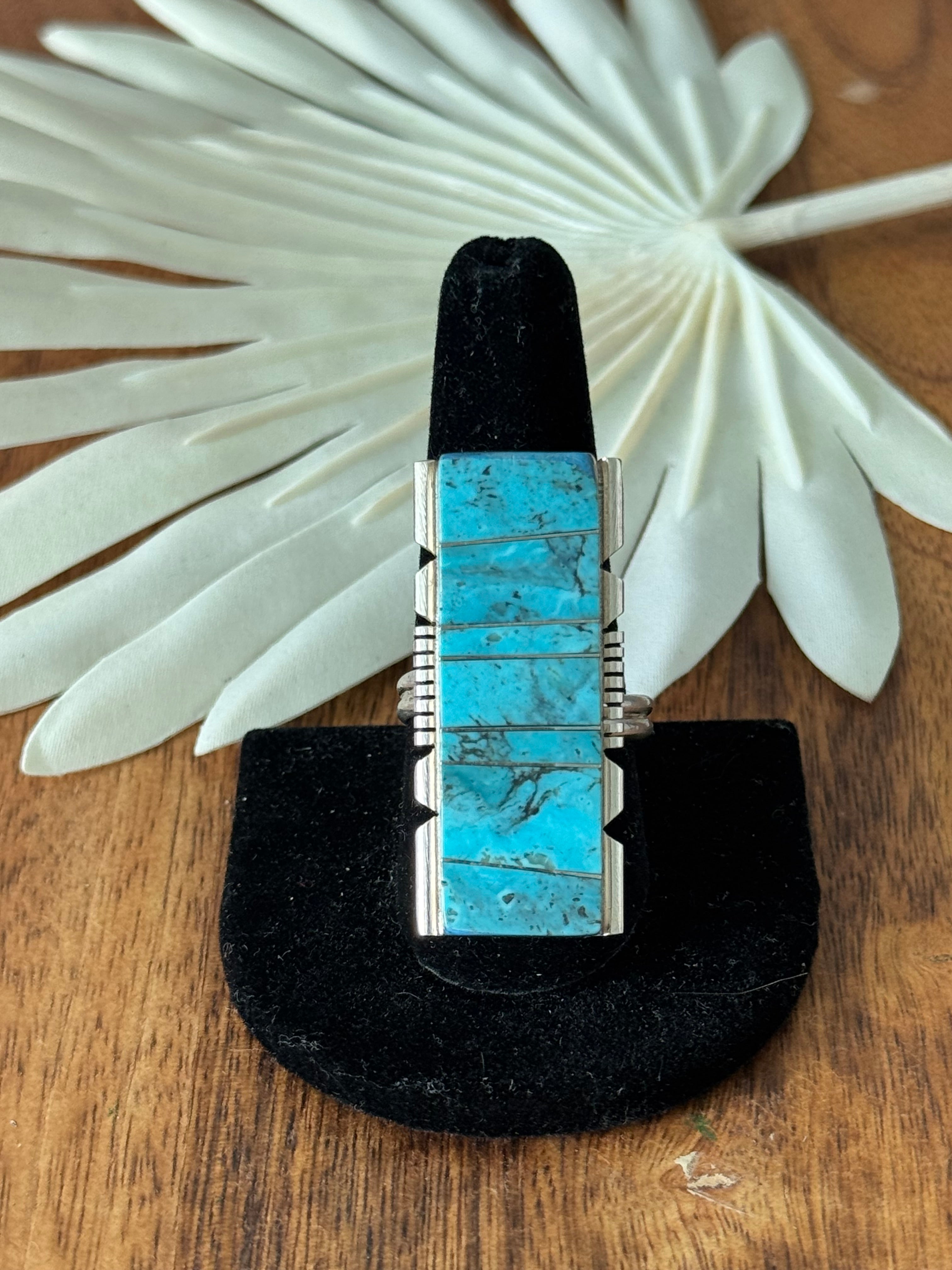 Navajo Made Kingman Turquoise & Sterling Silver Inlay Adjustable Ring