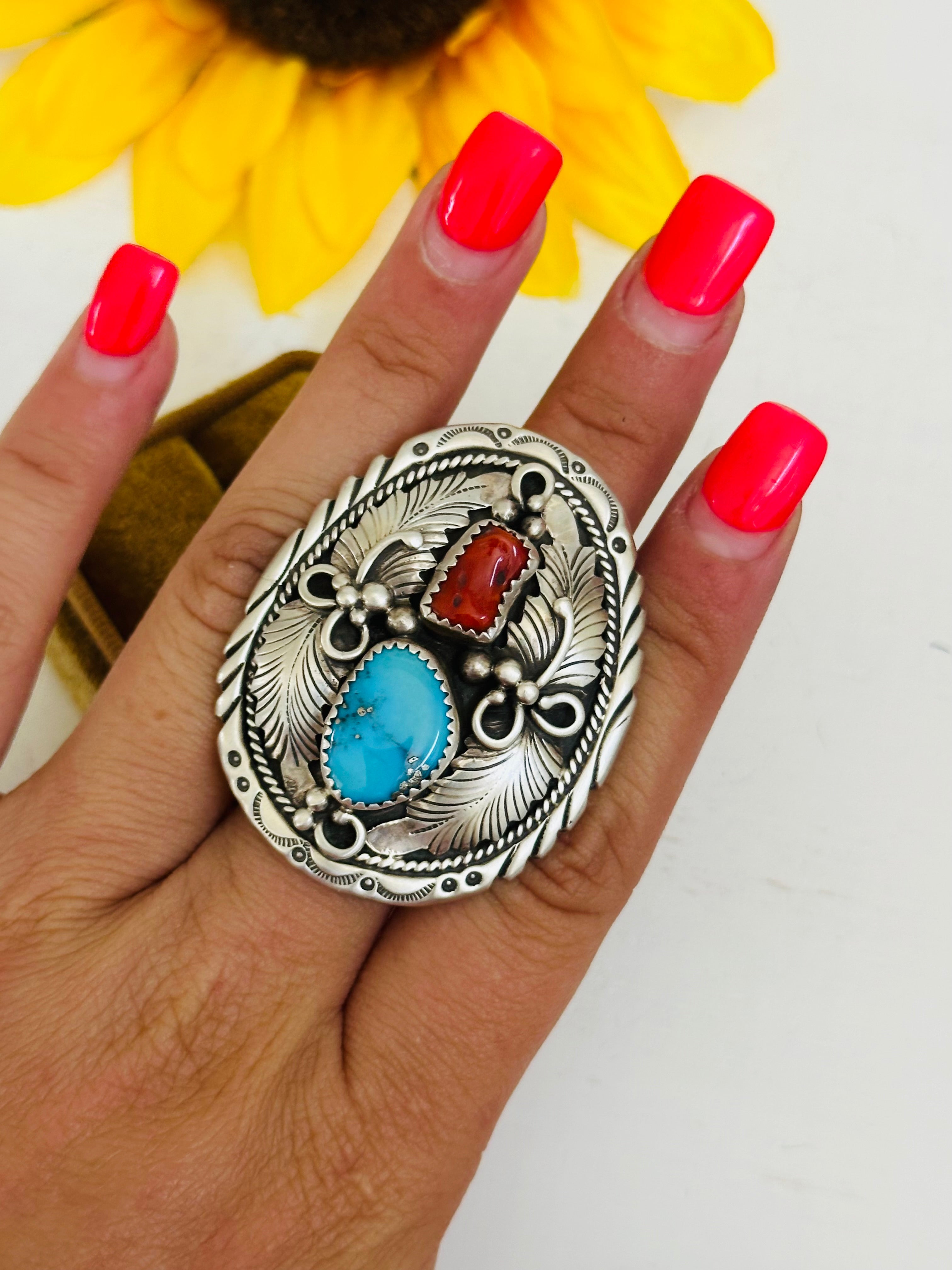 Navajo Made Multi Stone & Sterling Silver Ring Size 6.75