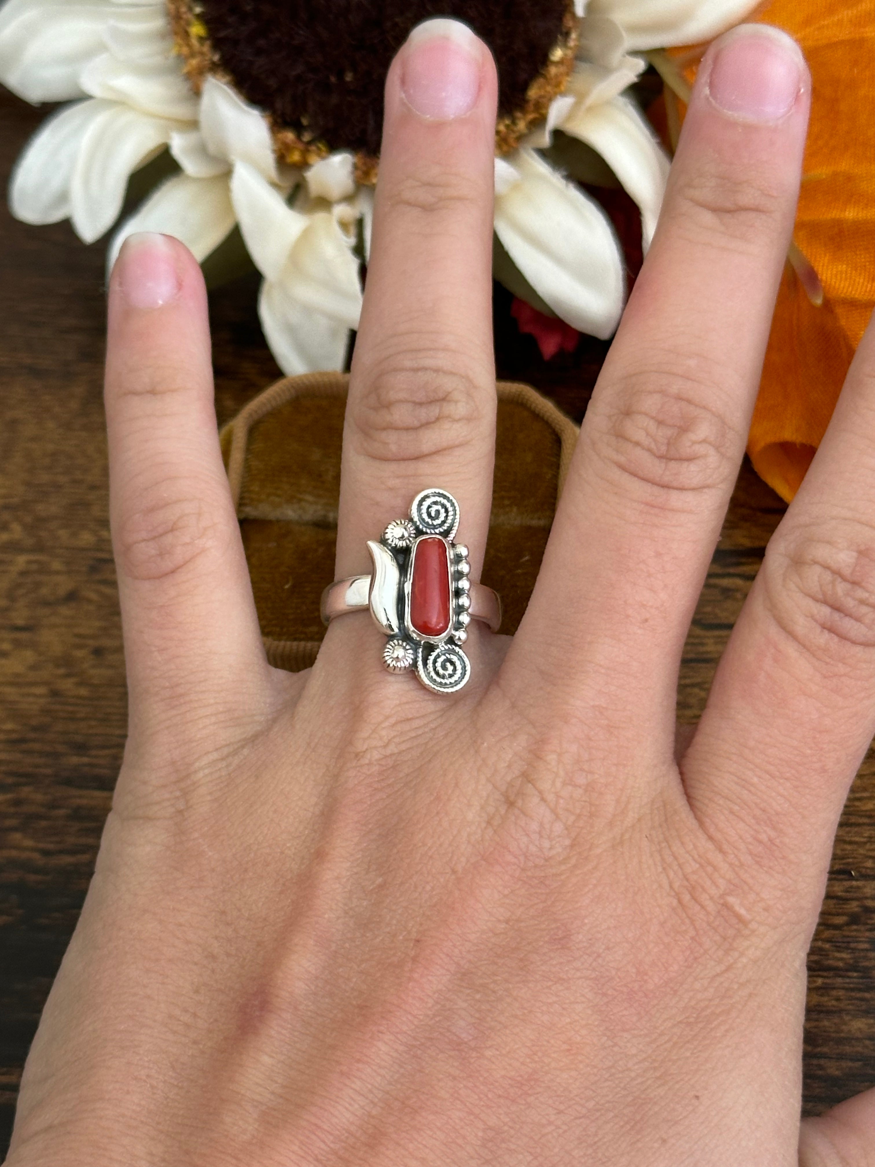 Southwest Handmade Red Coral & Sterling Silver Adjustable Ring