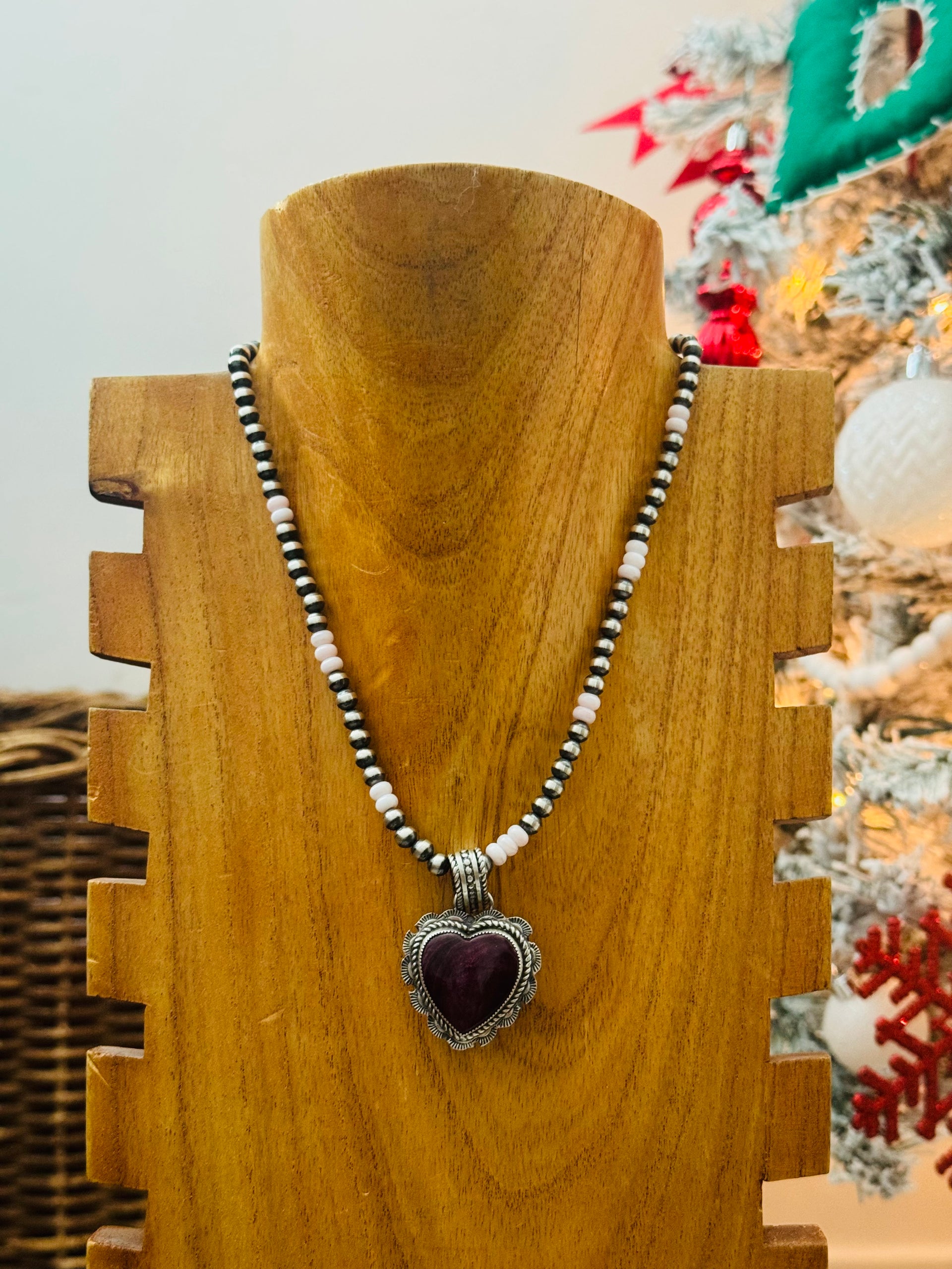 Navajo Made Purple Spiny Oyster & Sterling Silver Heart Pendant