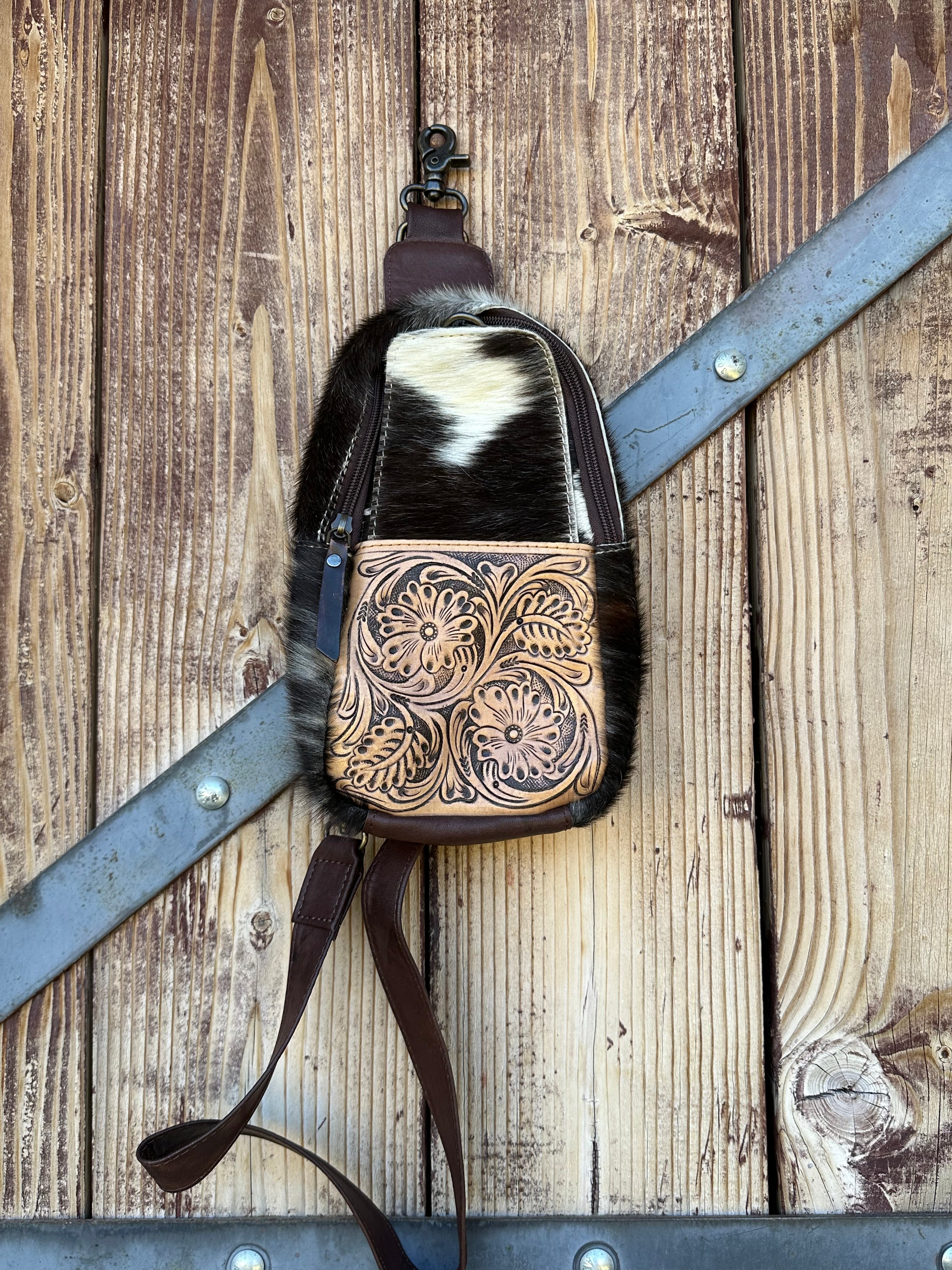 Genuine Tooled Leather & Cowhide Cross Body Purse/Pack