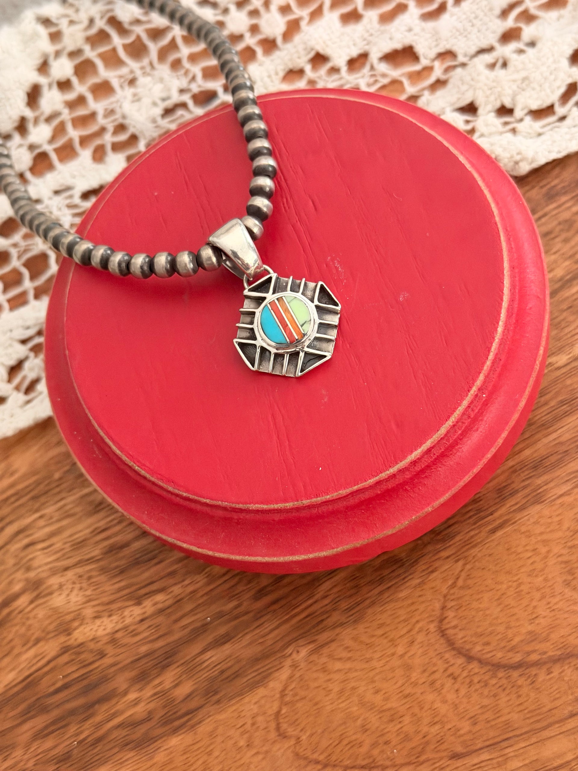 Navajo Made Multi Stone & Sterling Silver Inlay Pendant