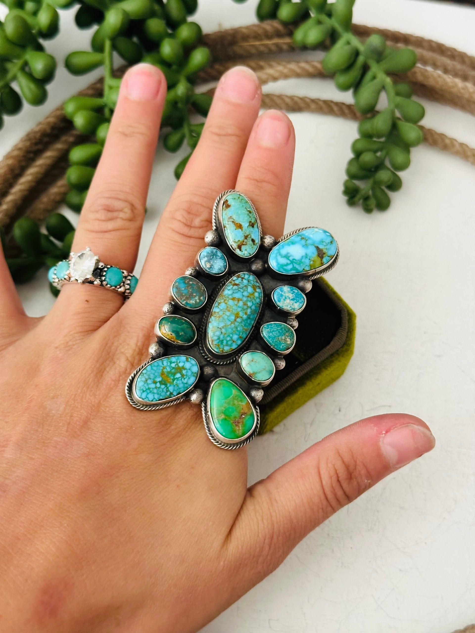 Sheila Becenti Multi Turquoise Sterling Silver Cluster Ring Size 8.75